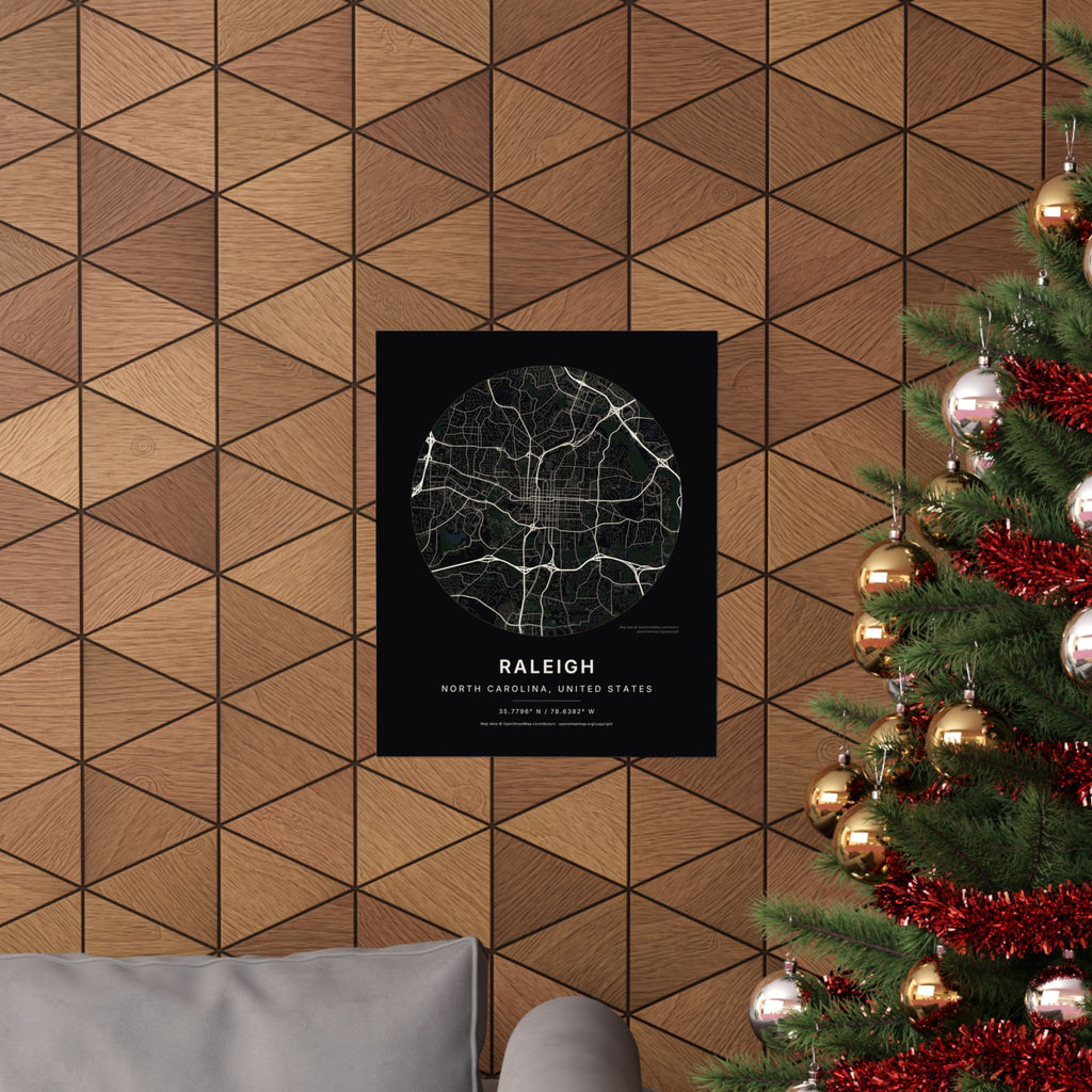 Raleigh, North Carolina City Map Print — Noir Black Street Map Wall Art