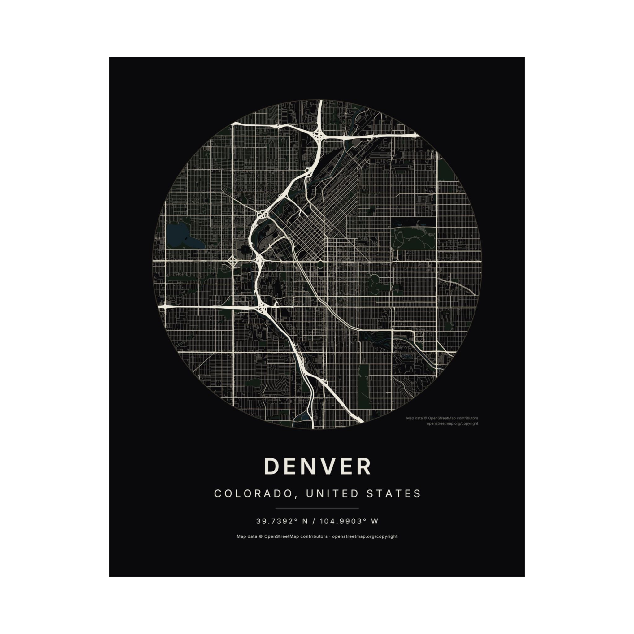 Denver, Colorado City Map Print — Noir Black Street Map Wall Art
