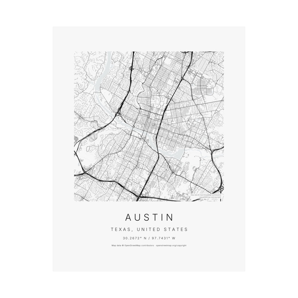 Austin, Texas City Map Print — Minimalist Street Map Wall Art