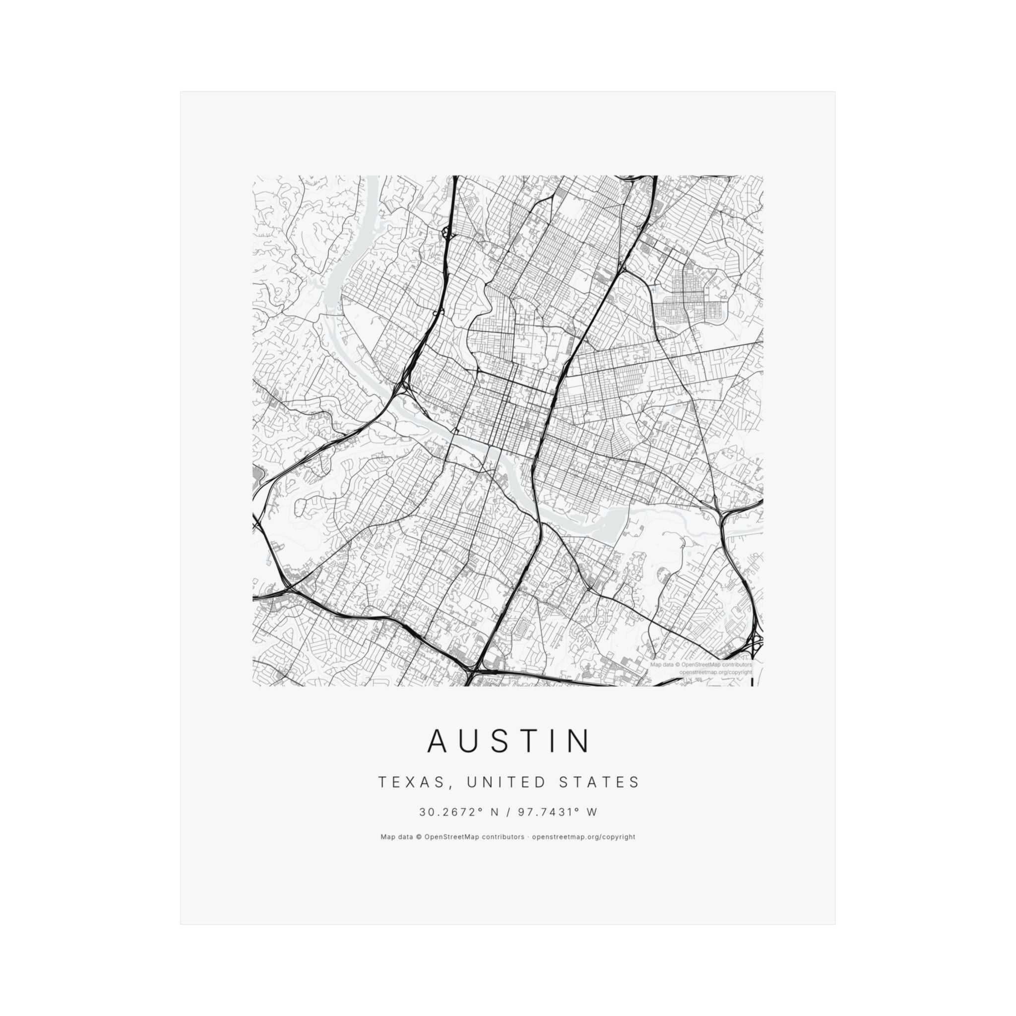 Austin, Texas City Map Print — Minimalist Street Map Wall Art