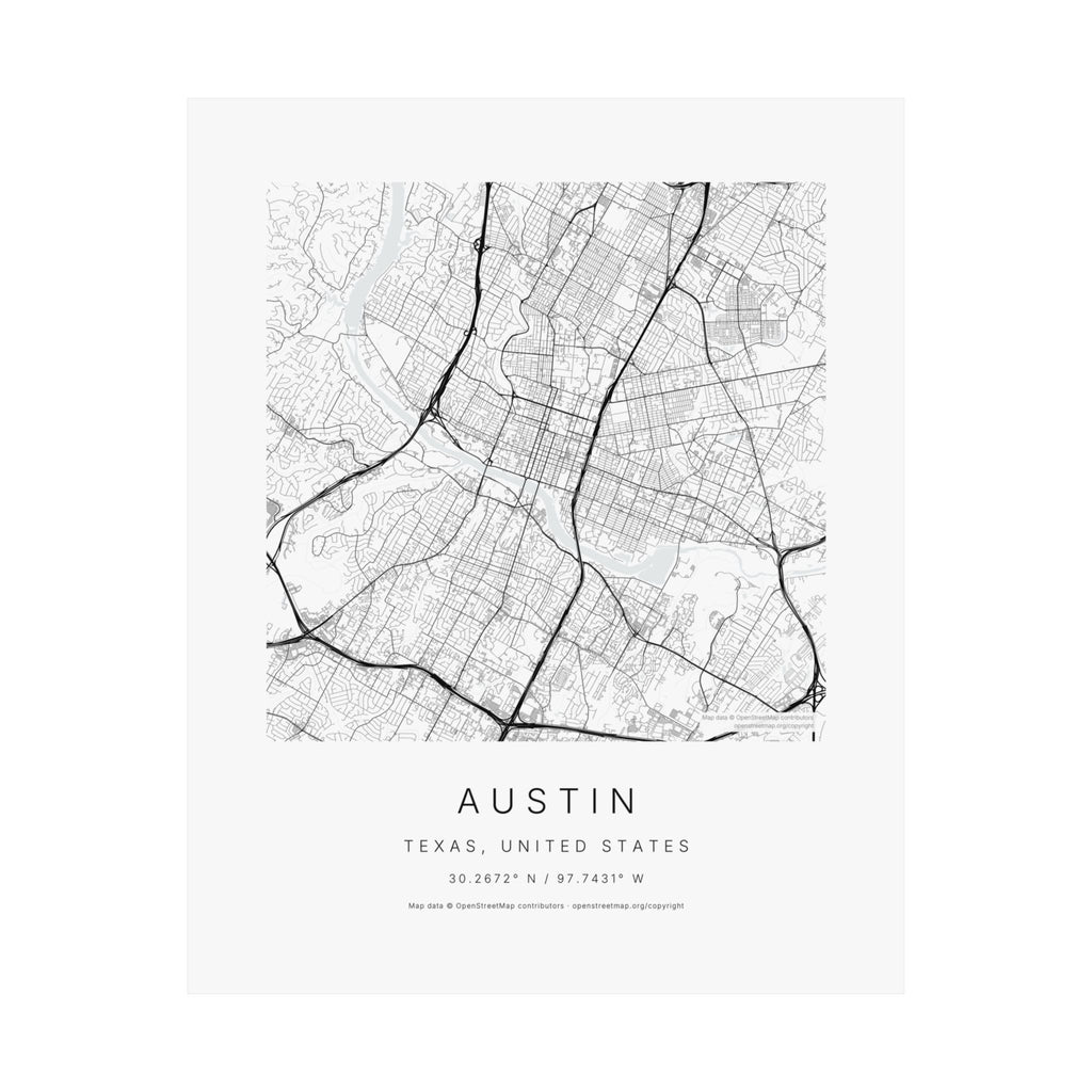 Austin, Texas City Map Print — Minimalist Street Map Wall Art