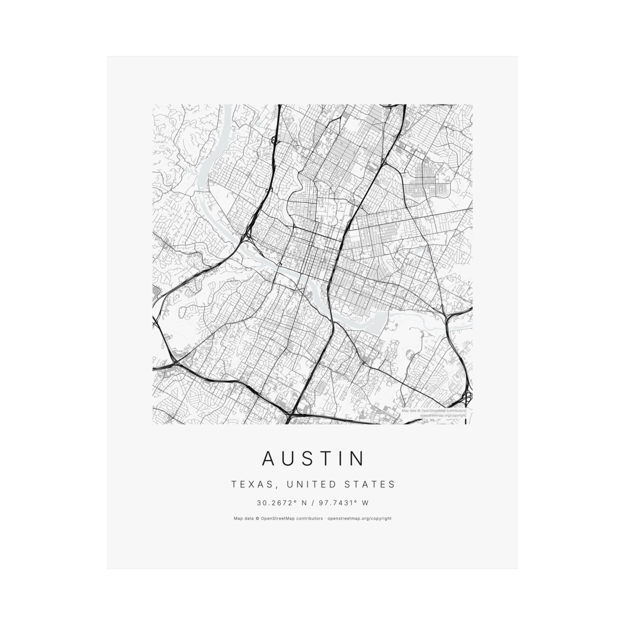 Austin, Texas City Map Print — Minimalist Street Map Wall Art