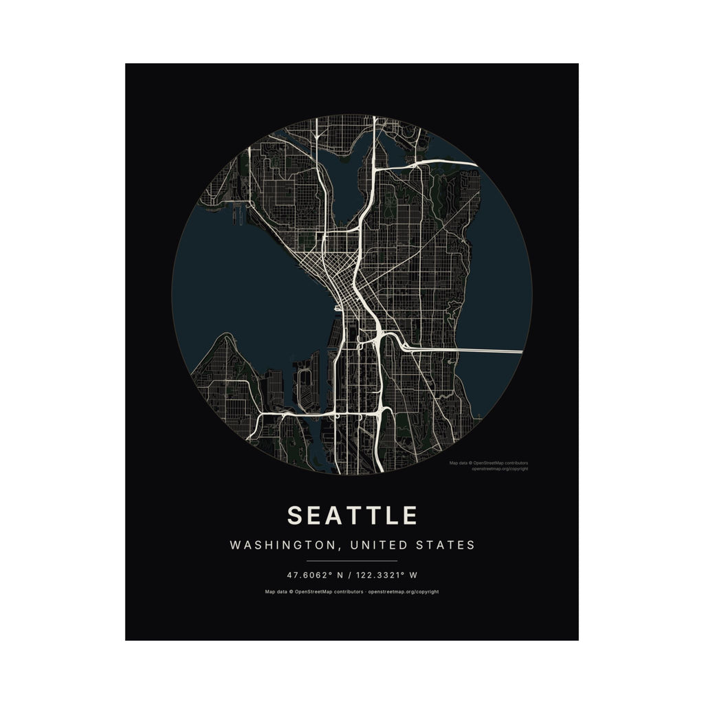 Seattle, Washington City Map Print — Noir Black Street Map Wall Art