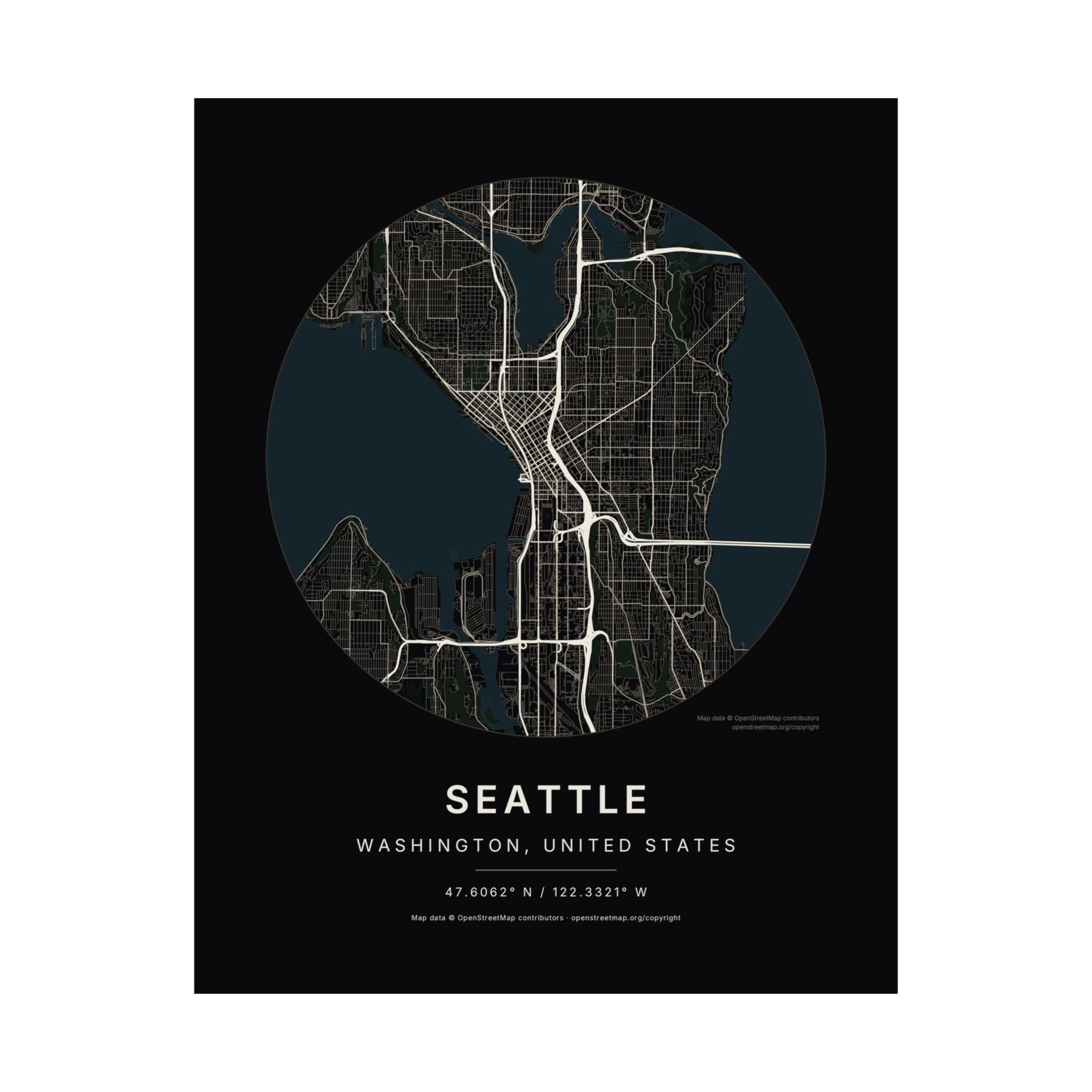 Seattle, Washington City Map Print — Noir Black Street Map Wall Art