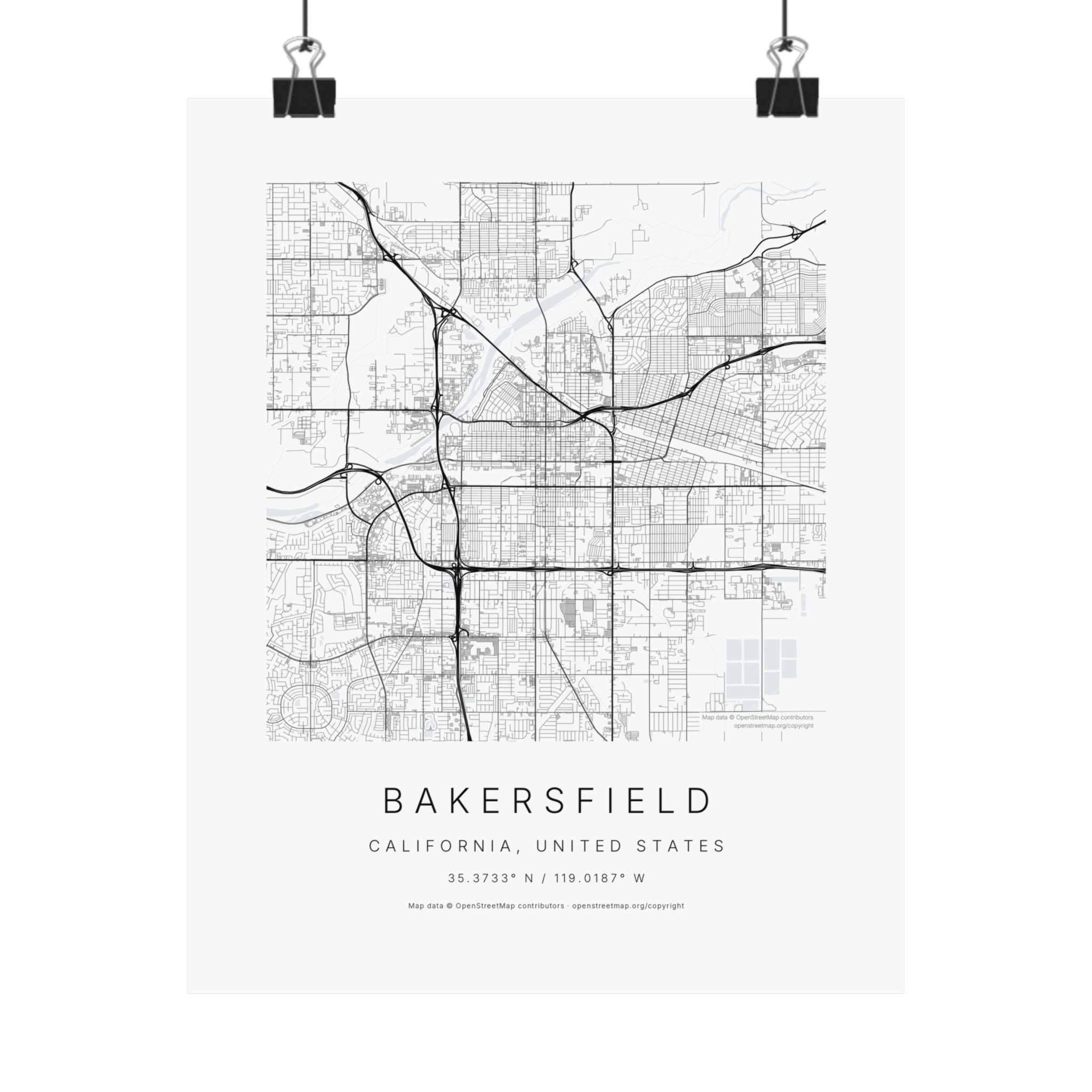 Bakersfield, California City Map Print — Minimalist Street Map Wall Art