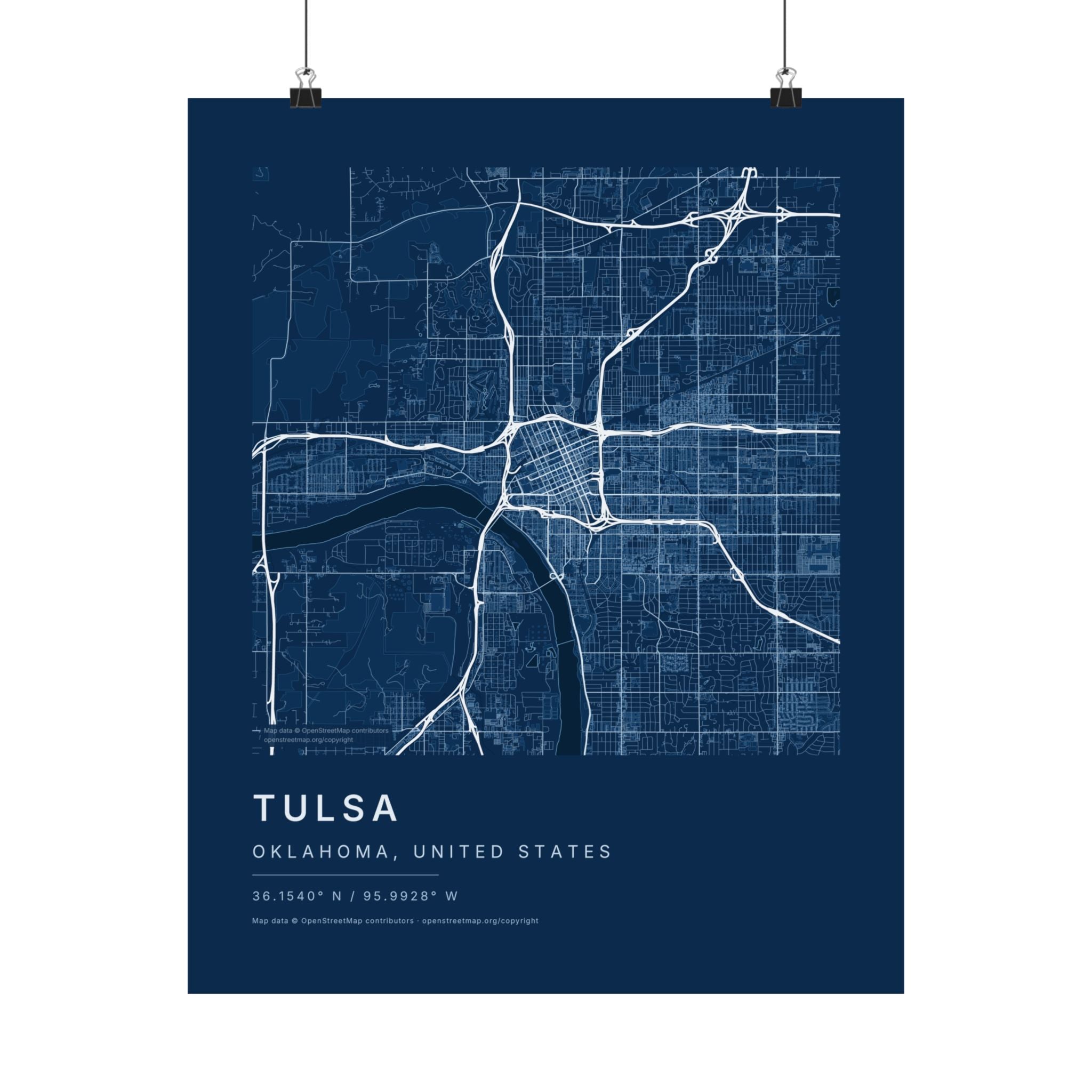 Tulsa, Oklahoma City Map Print — Blueprint Navy Street Map Wall Art