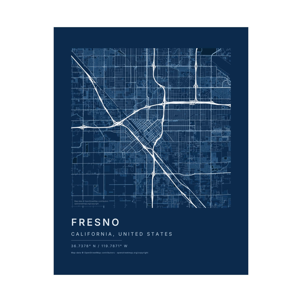 Fresno, California City Map Print — Blueprint Navy Street Map Wall Art
