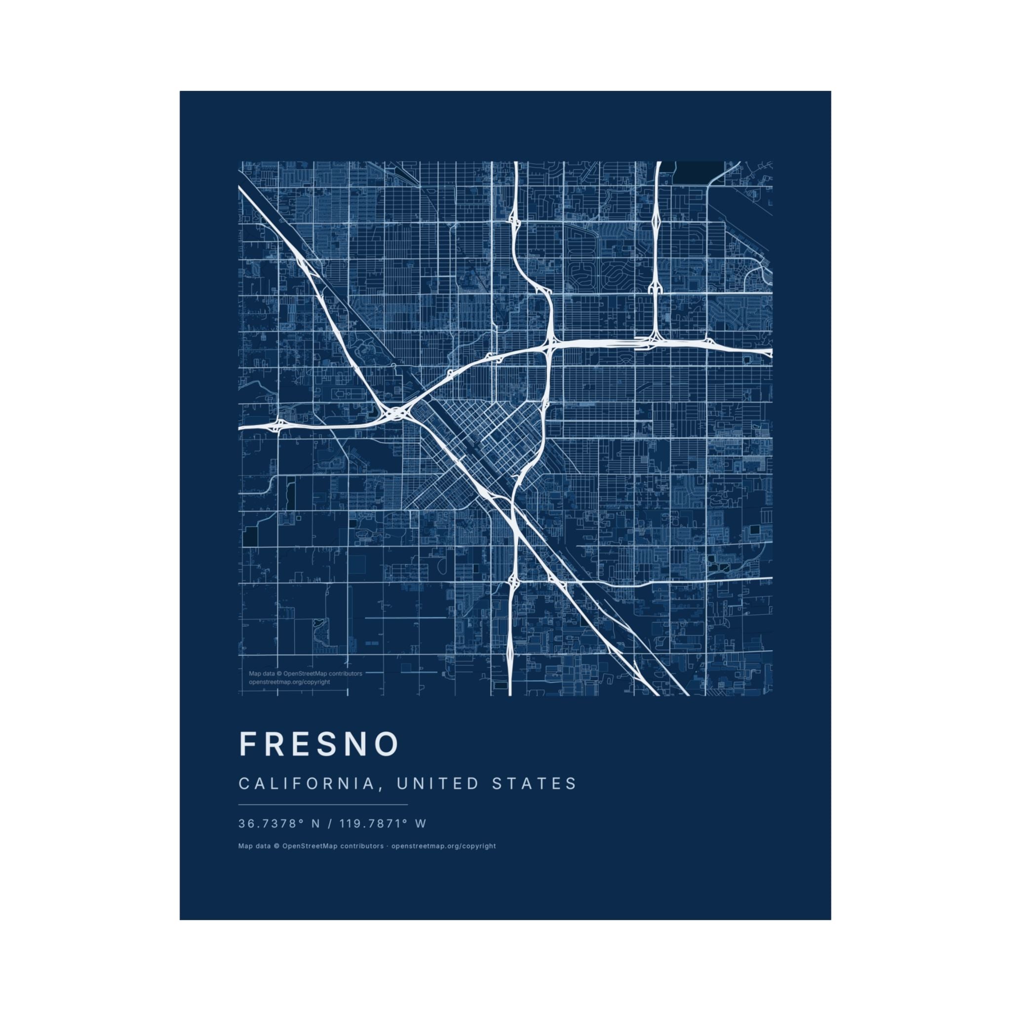 Fresno, California City Map Print — Blueprint Navy Street Map Wall Art
