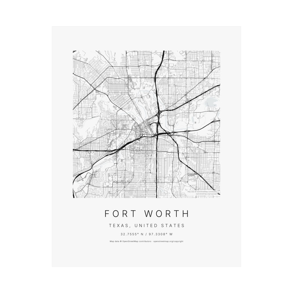 Fort Worth, Texas City Map Print — Minimalist Street Map Wall Art