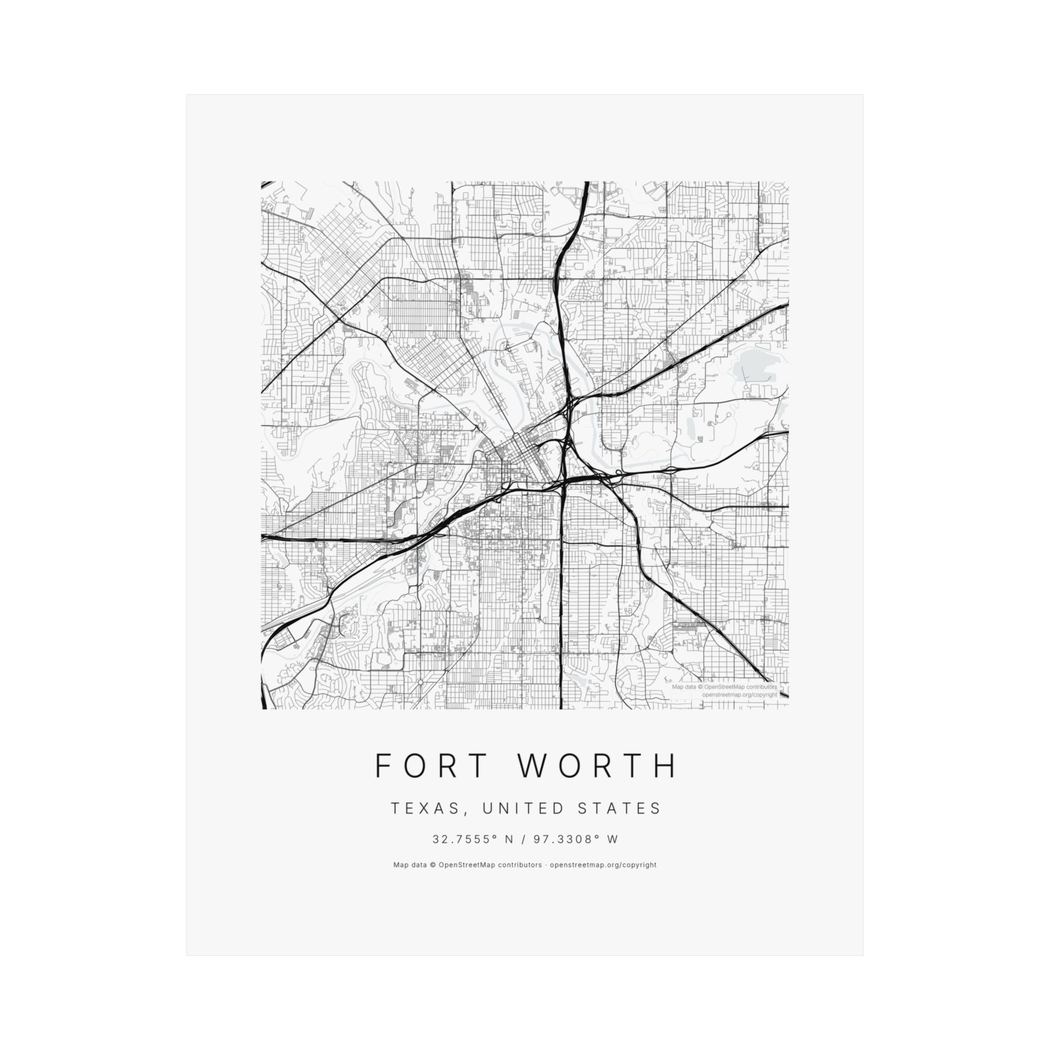 Fort Worth, Texas City Map Print — Minimalist Street Map Wall Art