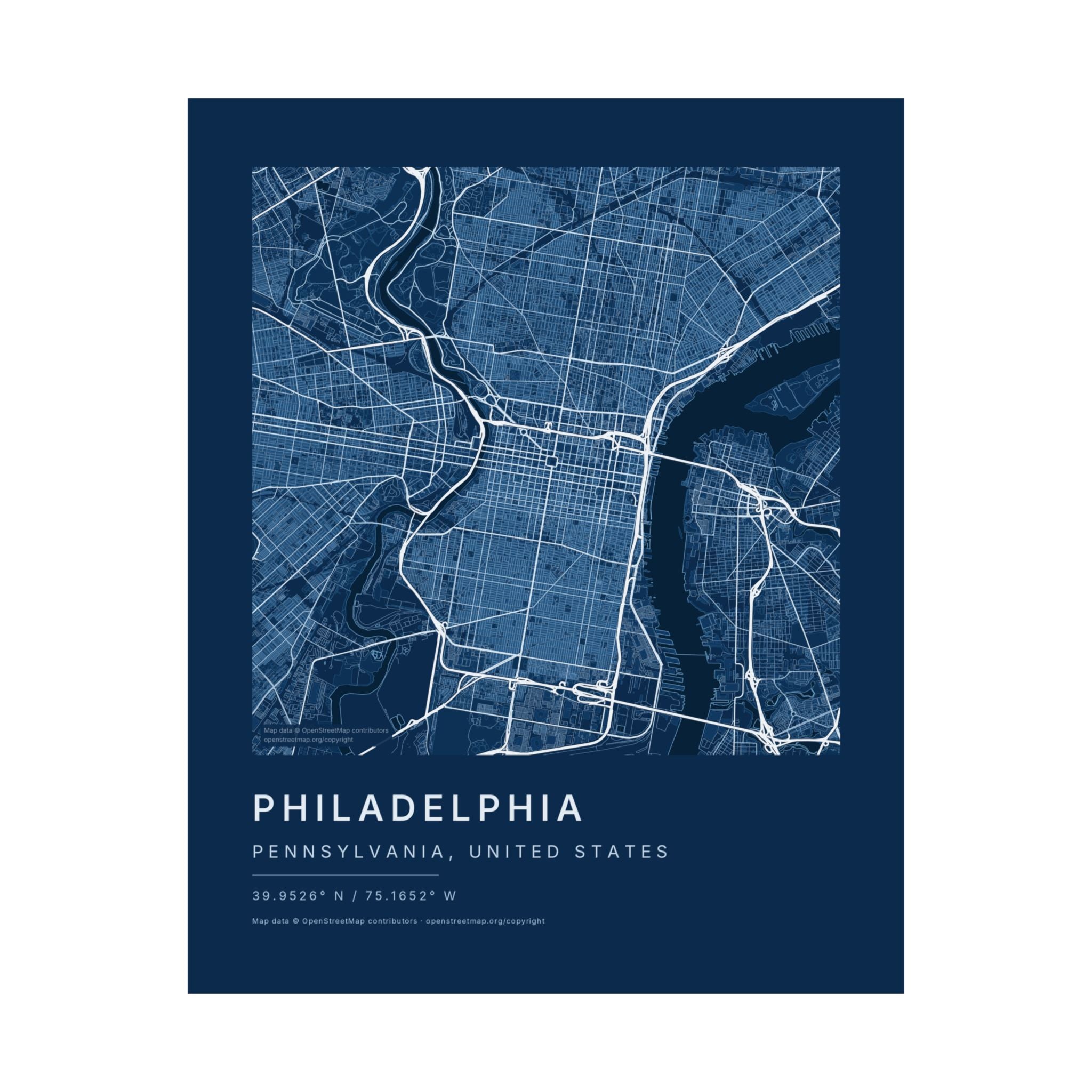 Philadelphia, Pennsylvania City Map Print — Blueprint Navy Street Map Wall Art