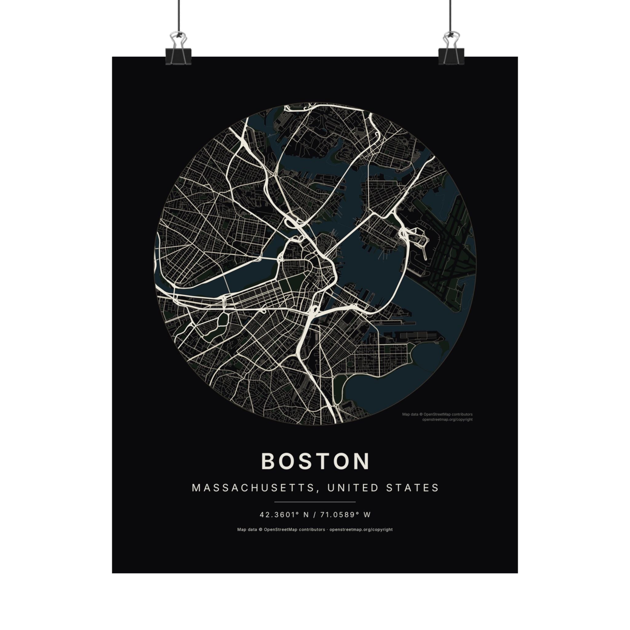 Boston, Massachusetts City Map Print — Noir Black Street Map Wall Art
