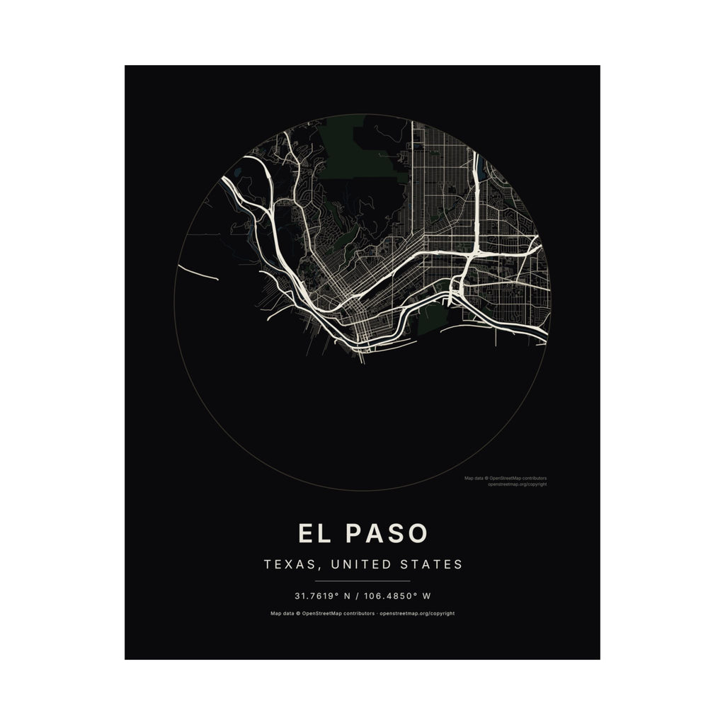 El Paso, Texas City Map Print — Noir Black Street Map Wall Art