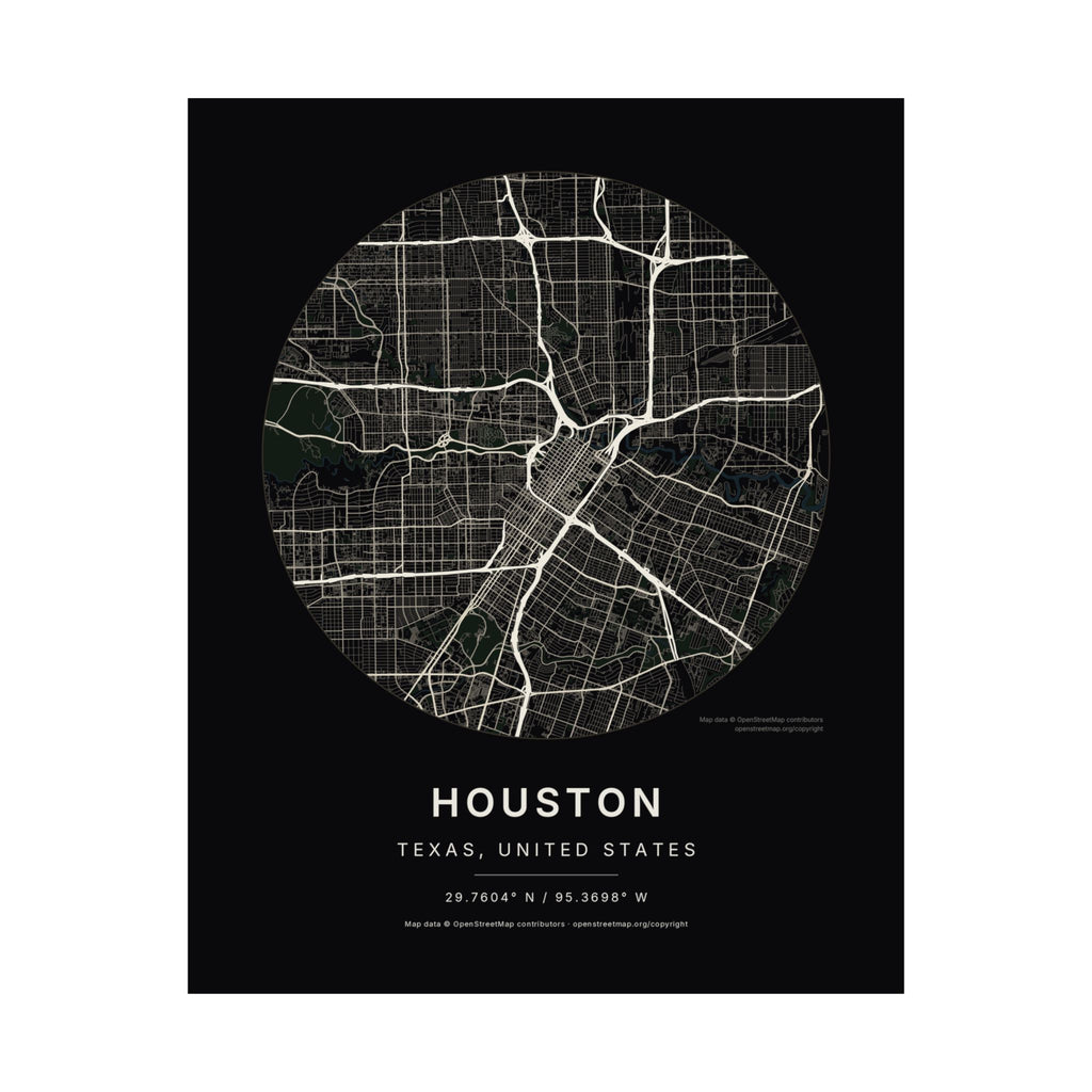 Houston, Texas City Map Print — Noir Black Street Map Wall Art