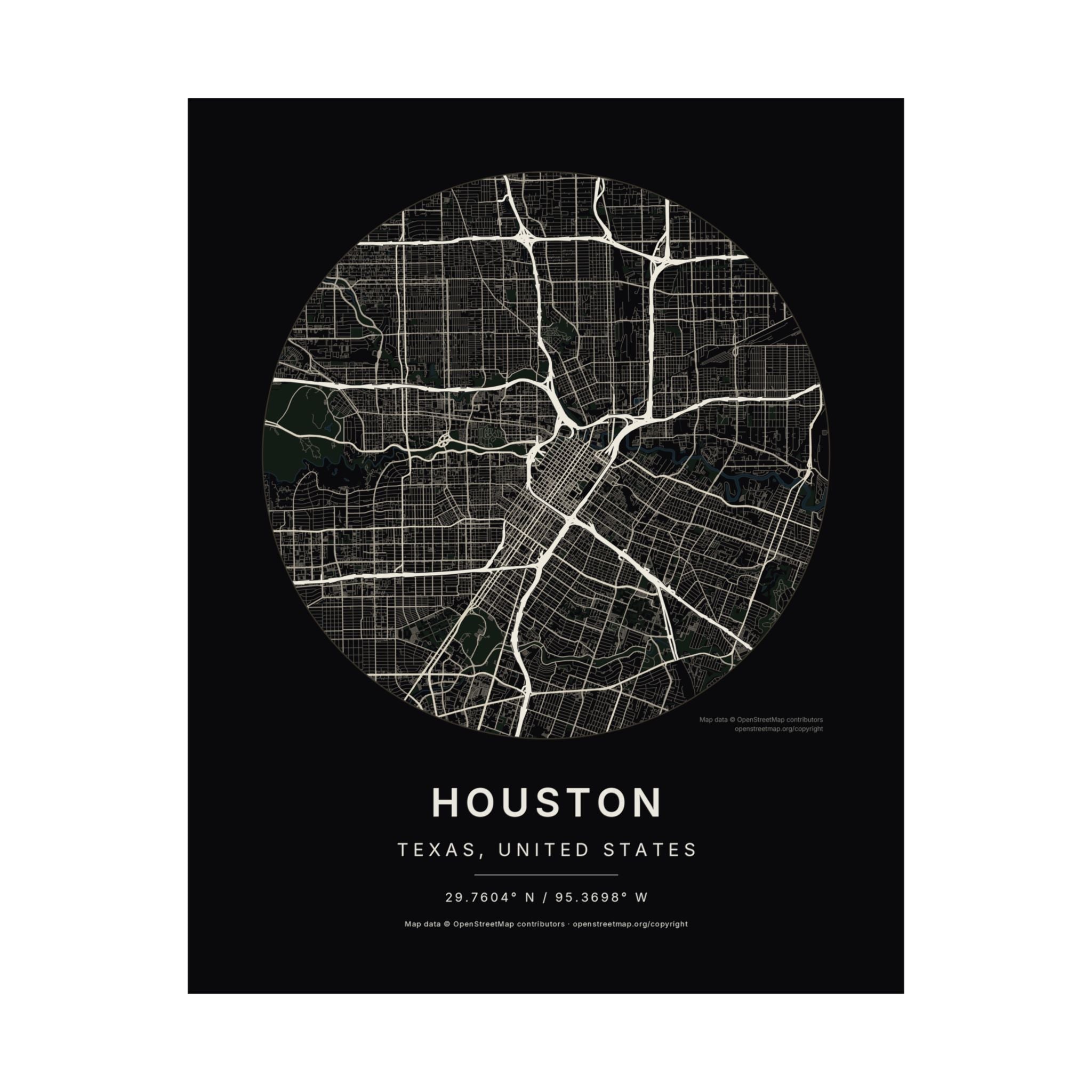 Houston, Texas City Map Print — Noir Black Street Map Wall Art