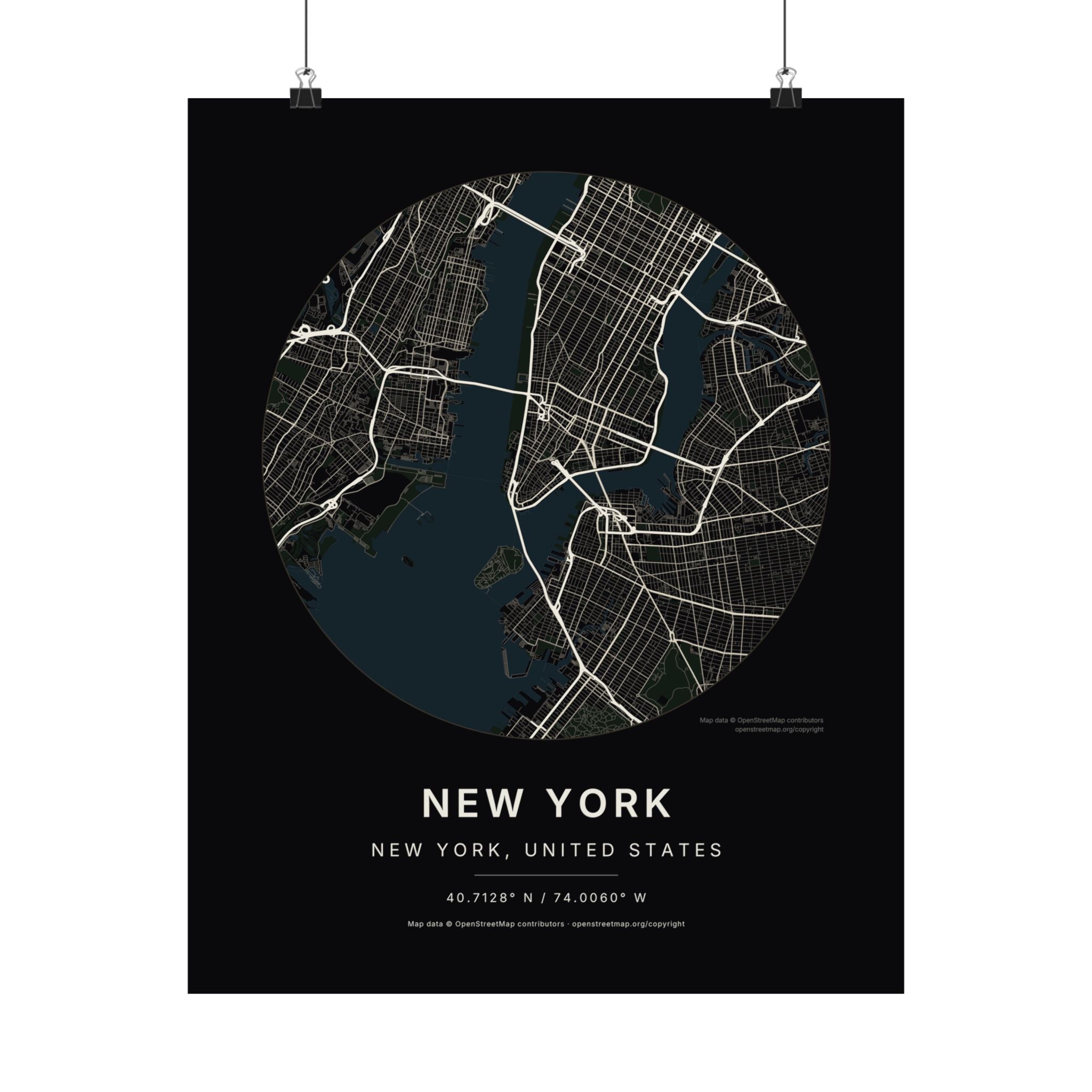 New York, New York City Map Print — Noir Black Street Map Wall Art