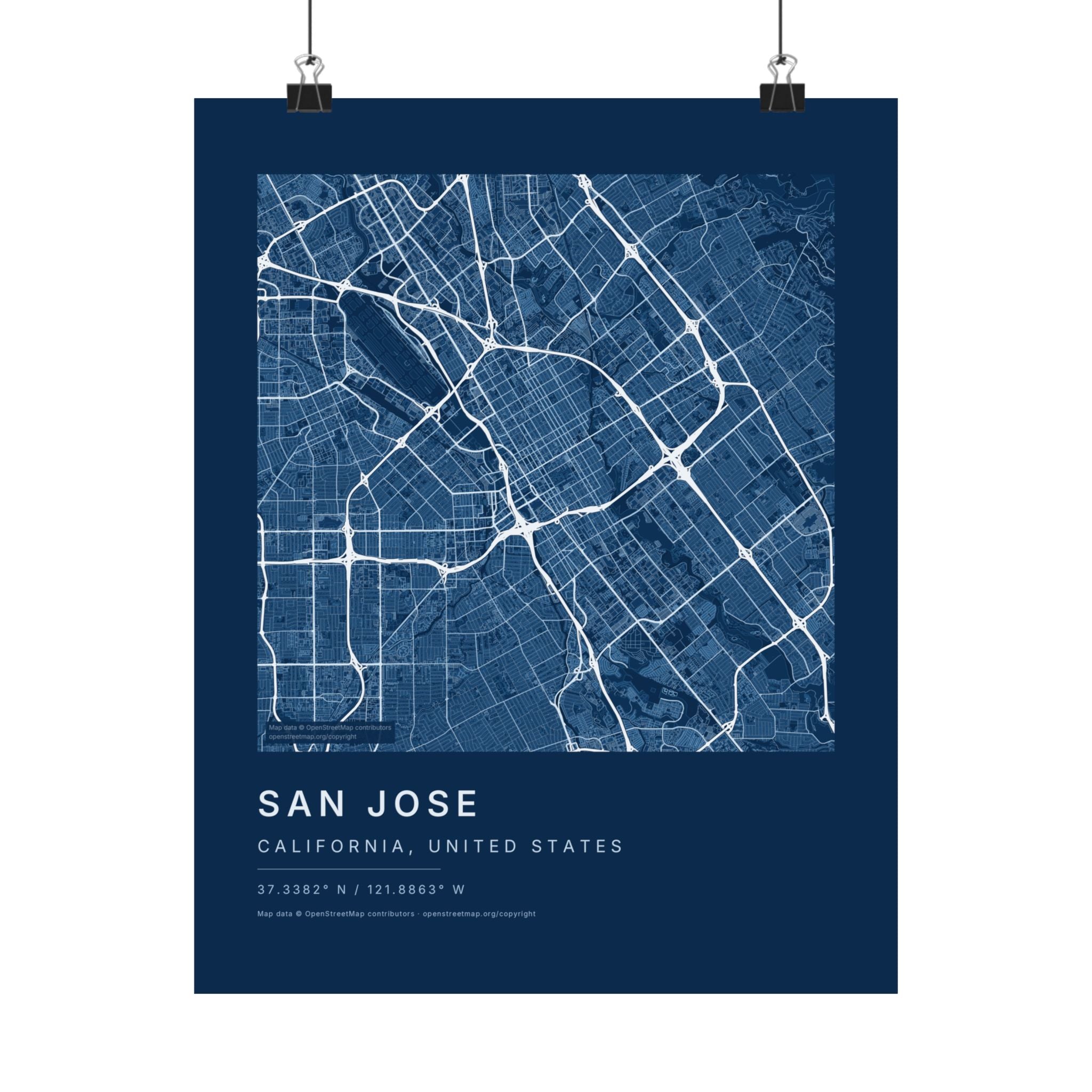 San Jose, California City Map Print — Blueprint Navy Street Map Wall Art