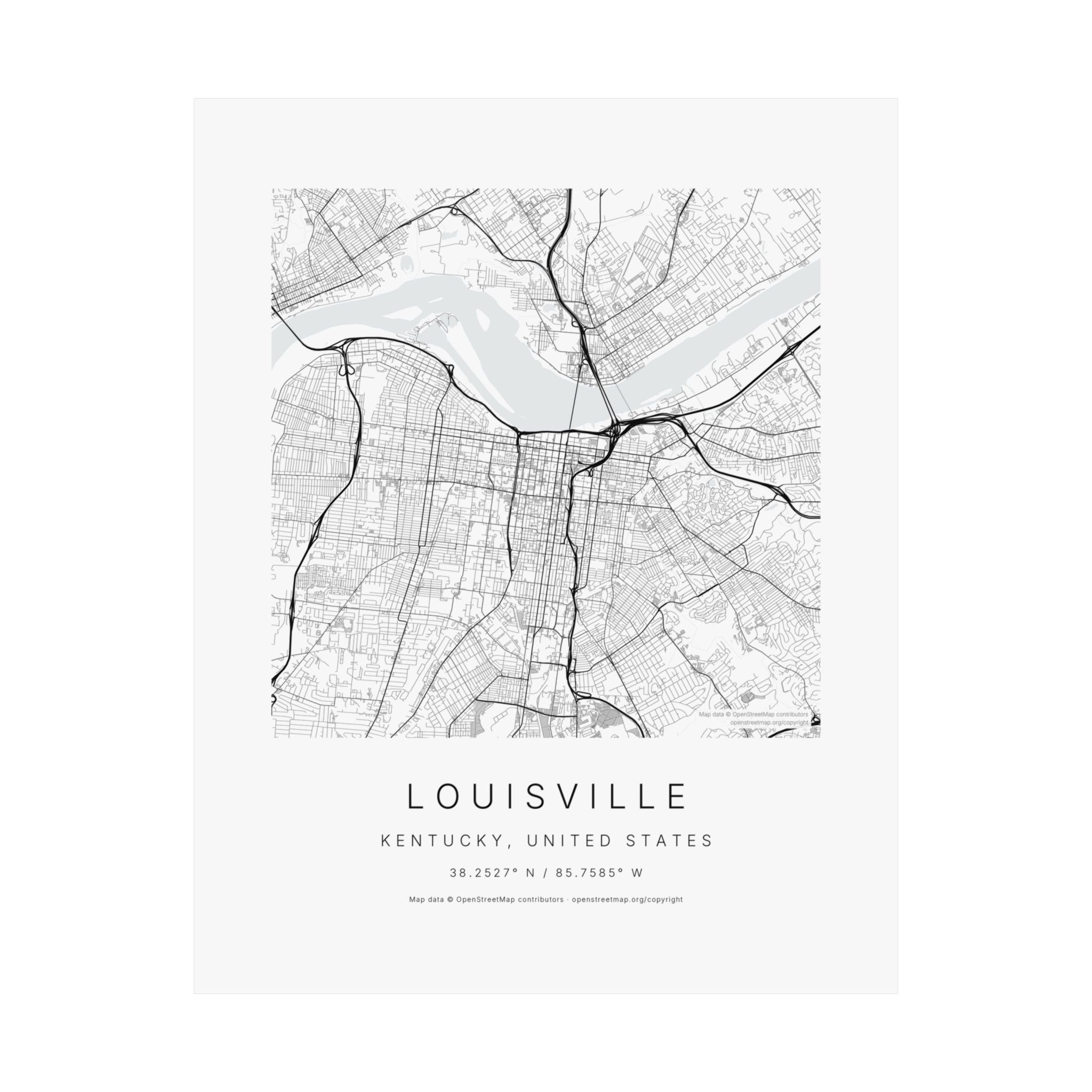 Louisville, Kentucky City Map Print — Minimalist Street Map Wall Art