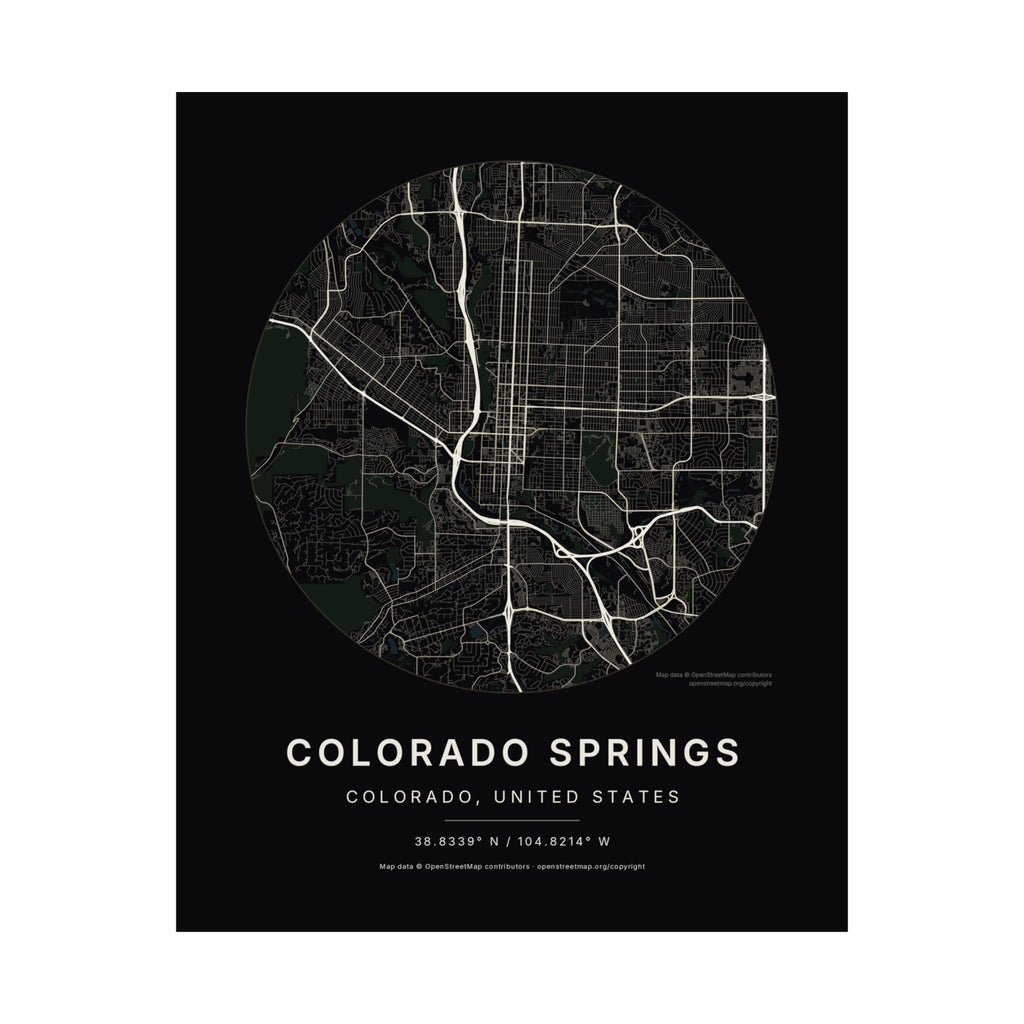 Colorado Springs, Colorado City Map Print — Noir Black Street Map Wall Art