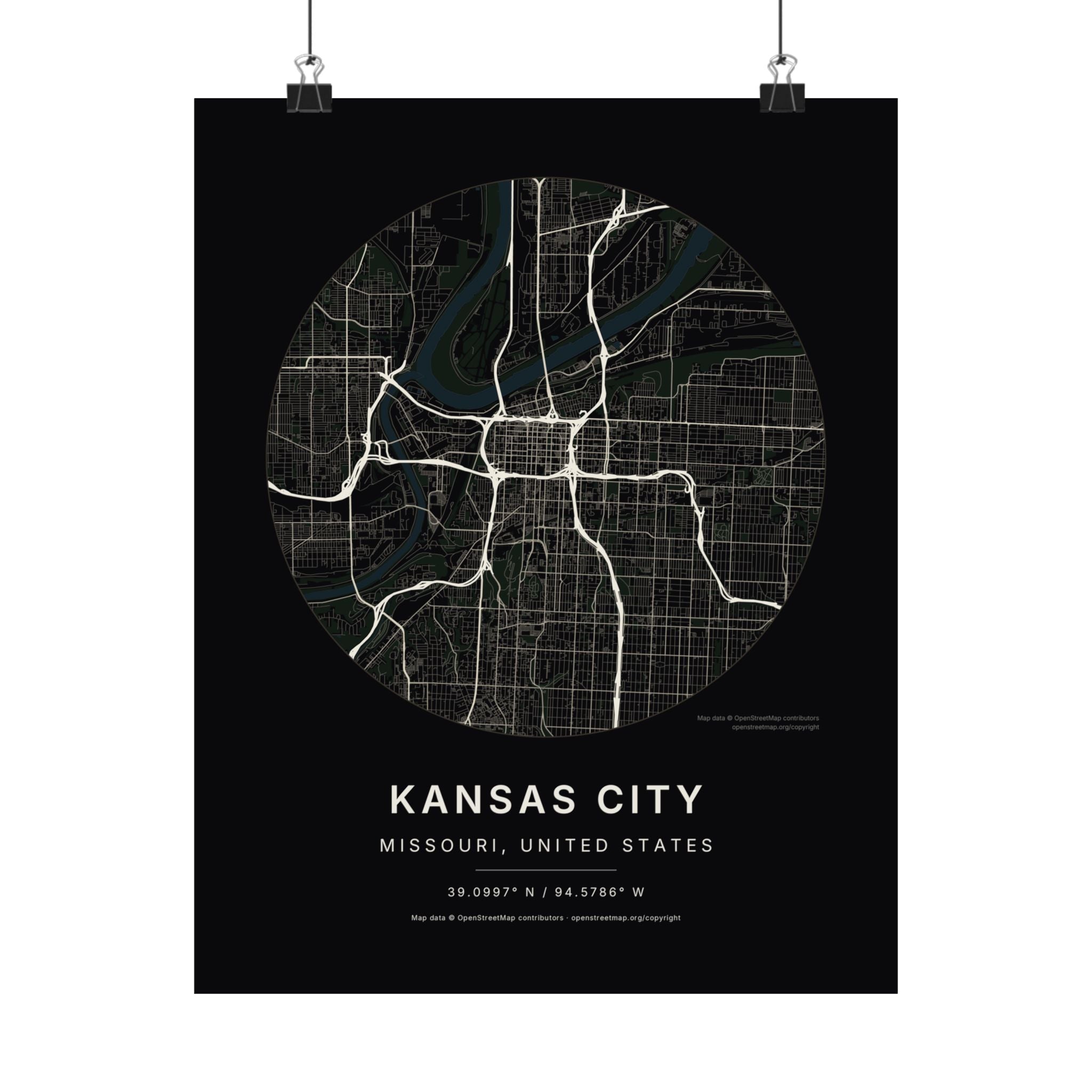 Kansas City, Missouri City Map Print — Noir Black Street Map Wall Art