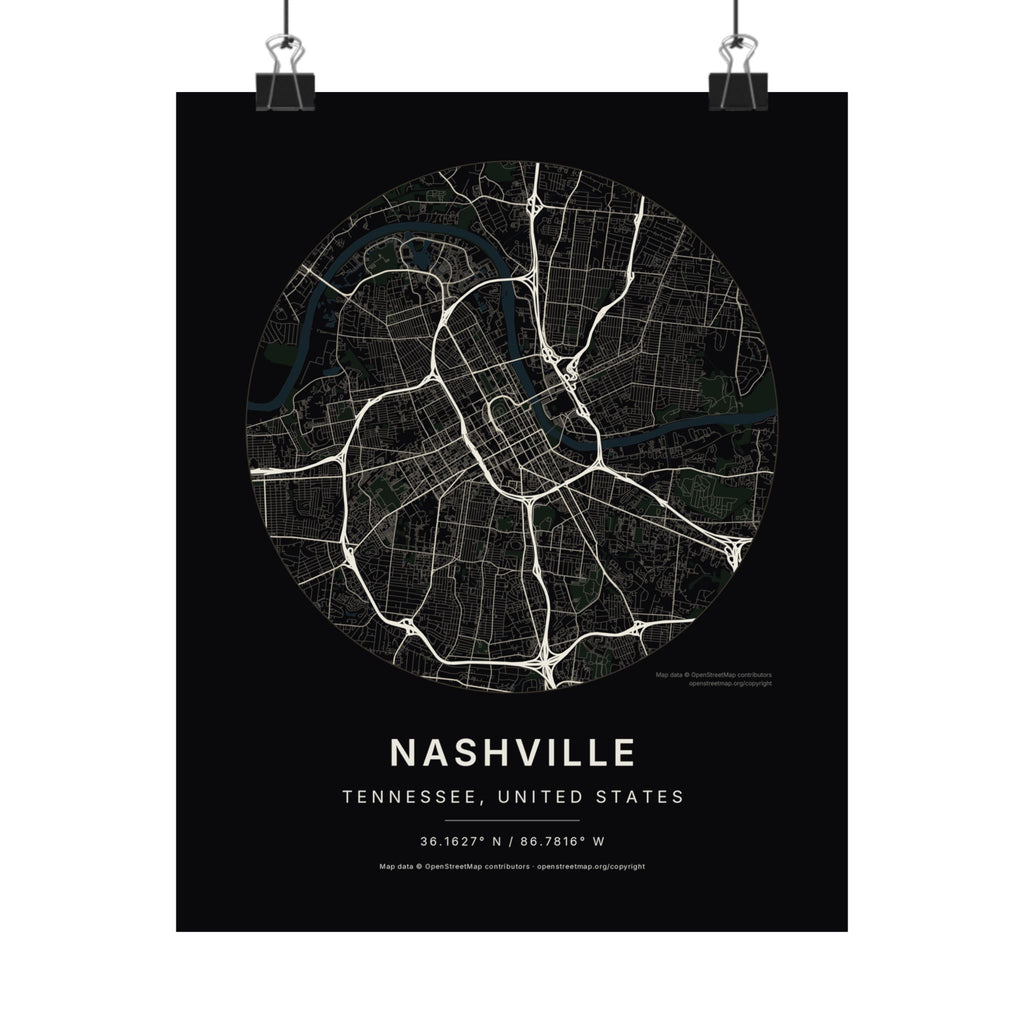Nashville, Tennessee City Map Print — Noir Black Street Map Wall Art