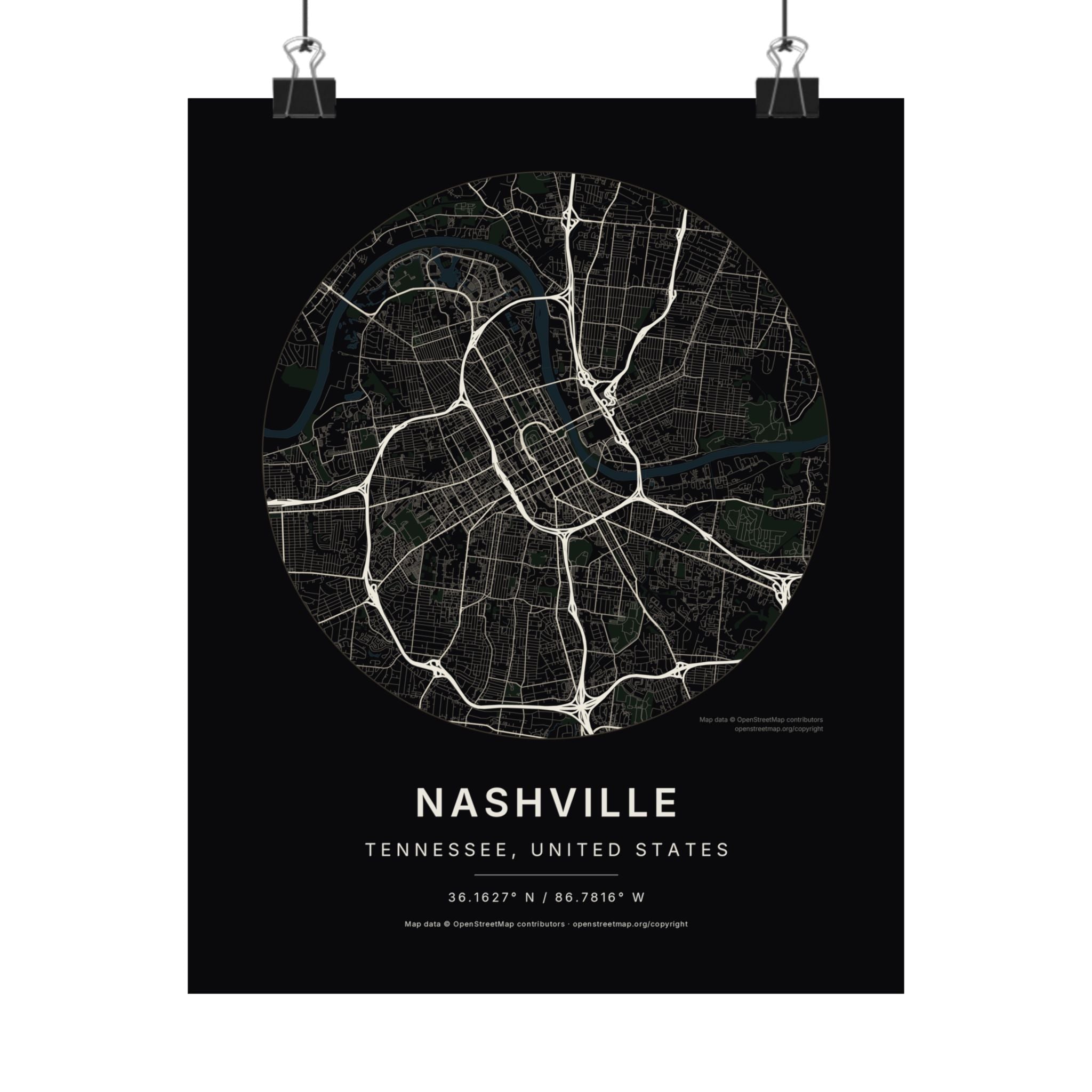 Nashville, Tennessee City Map Print — Noir Black Street Map Wall Art
