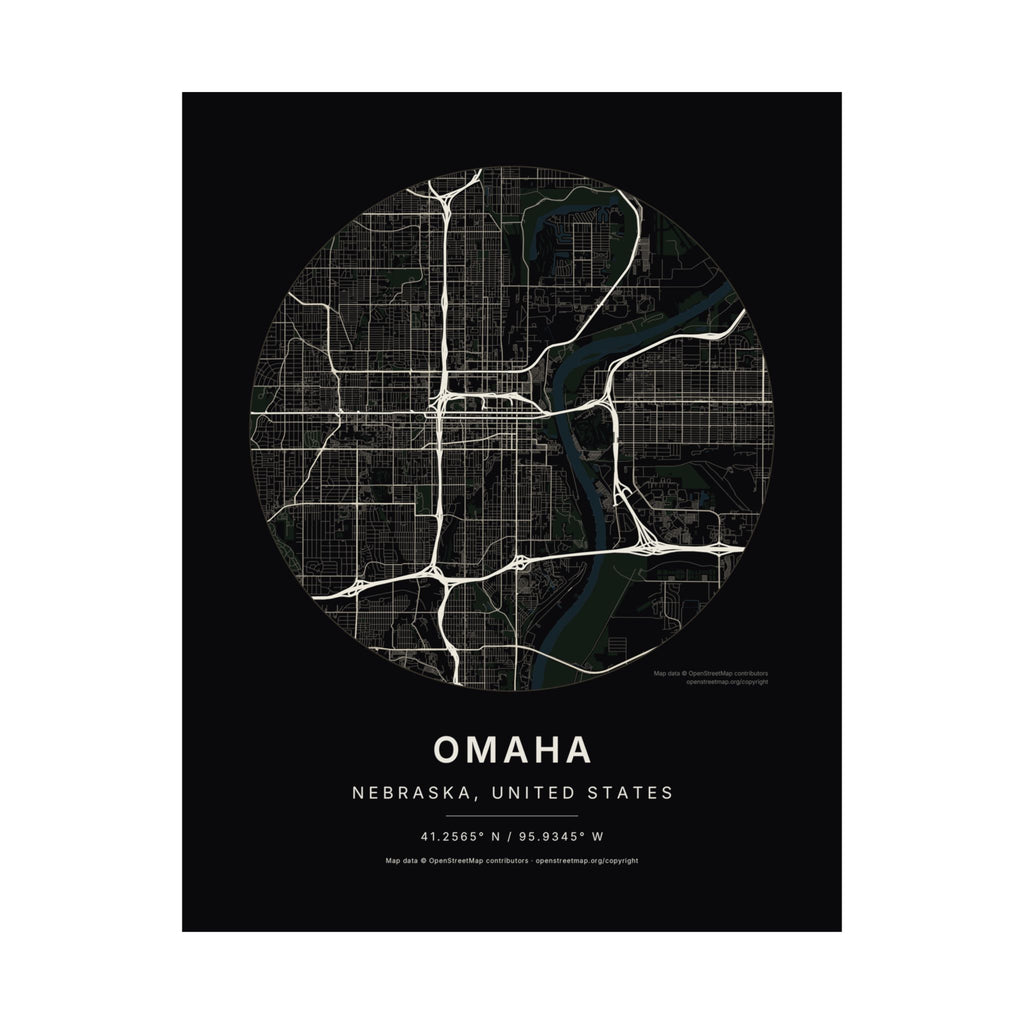 Omaha, Nebraska City Map Print — Noir Black Street Map Wall Art