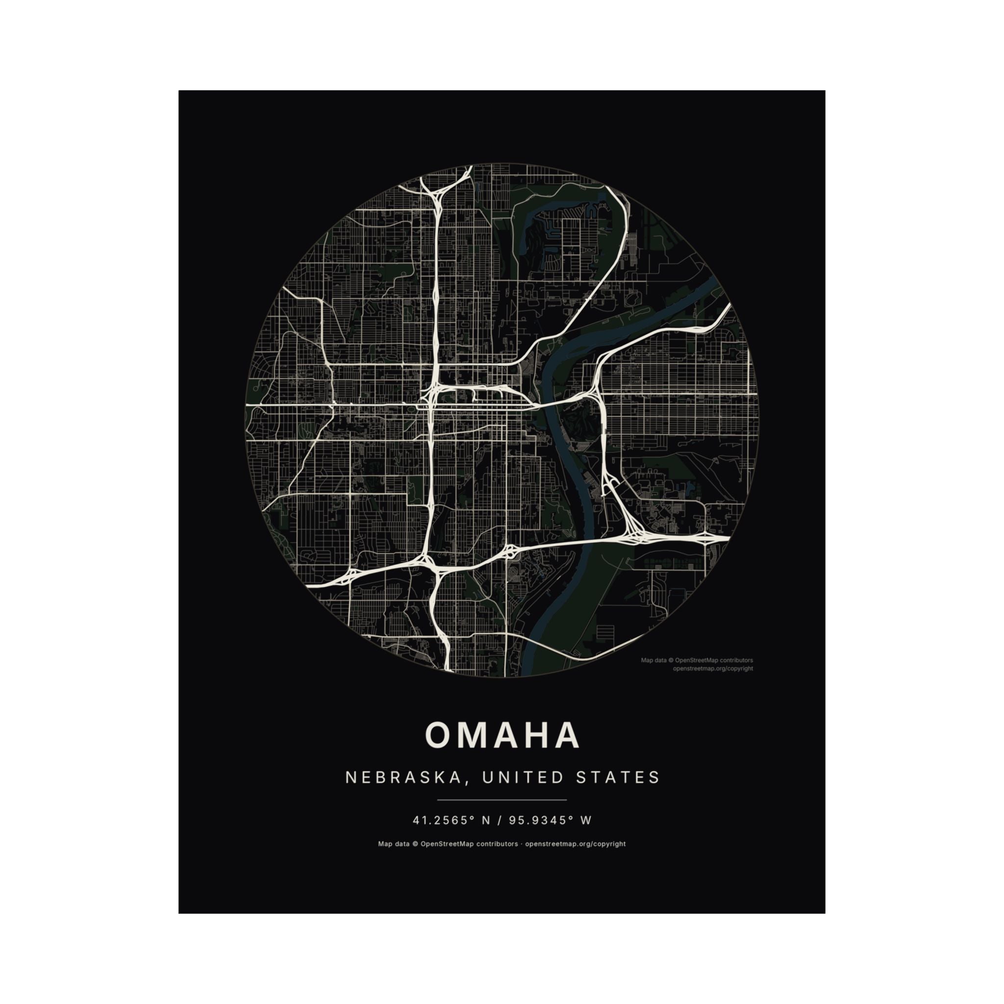 Omaha, Nebraska City Map Print — Noir Black Street Map Wall Art