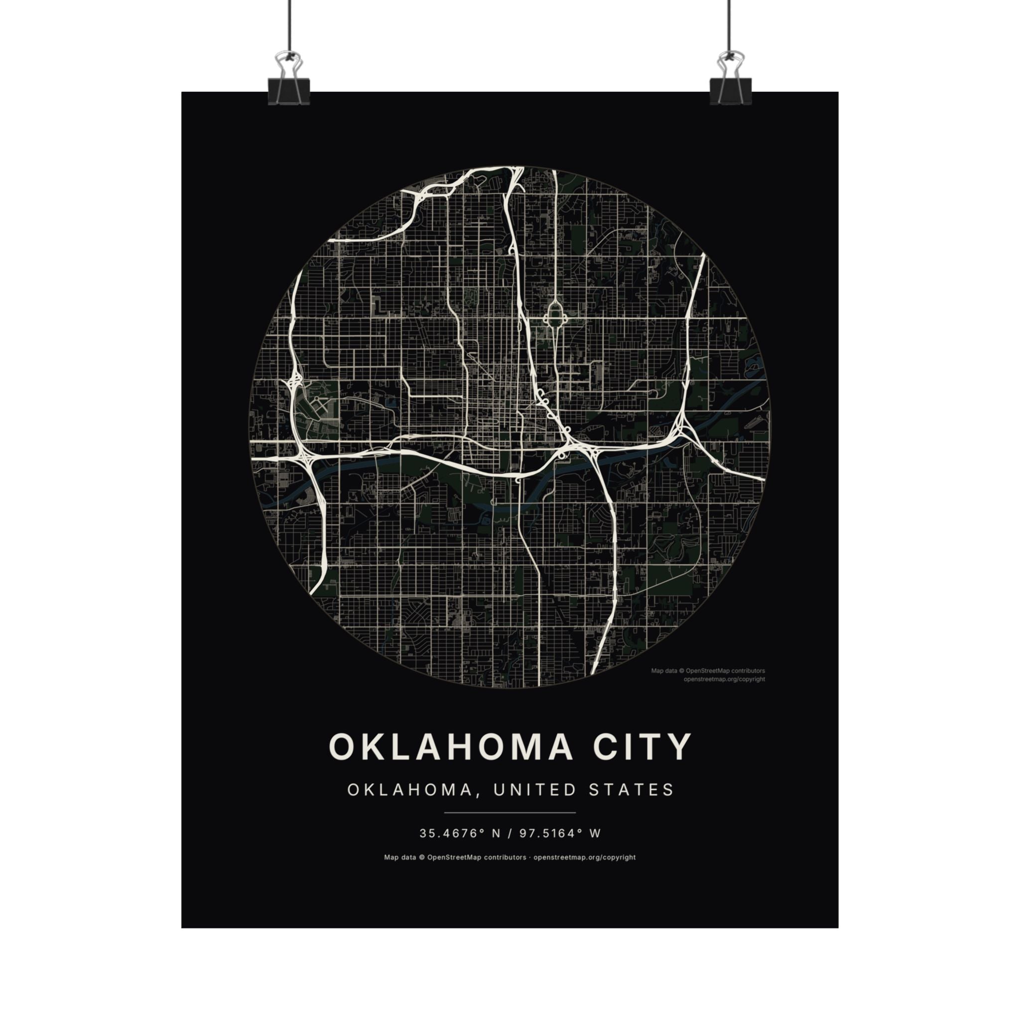 Oklahoma City, Oklahoma City Map Print — Noir Black Street Map Wall Art
