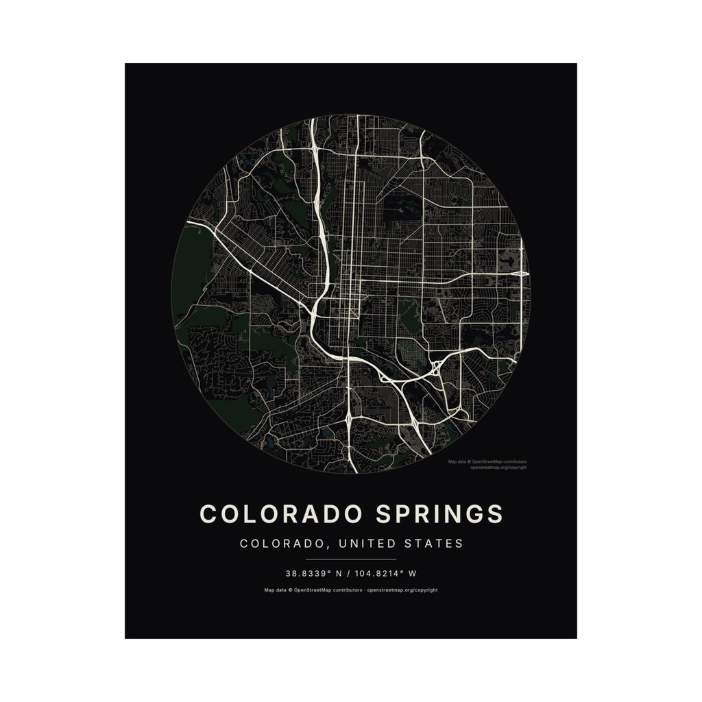 Colorado Springs, Colorado City Map Print — Noir Black Street Map Wall Art