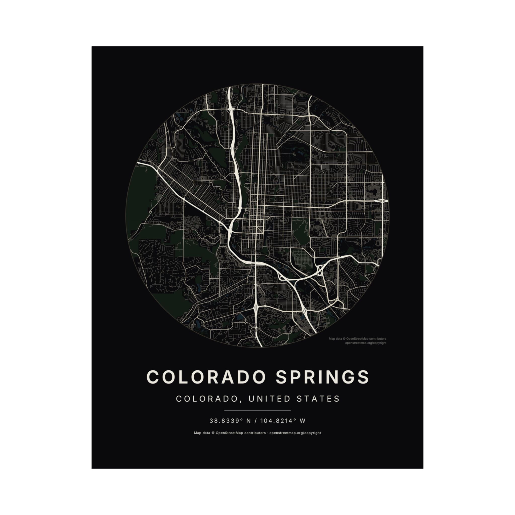Colorado Springs, Colorado City Map Print — Noir Black Street Map Wall Art