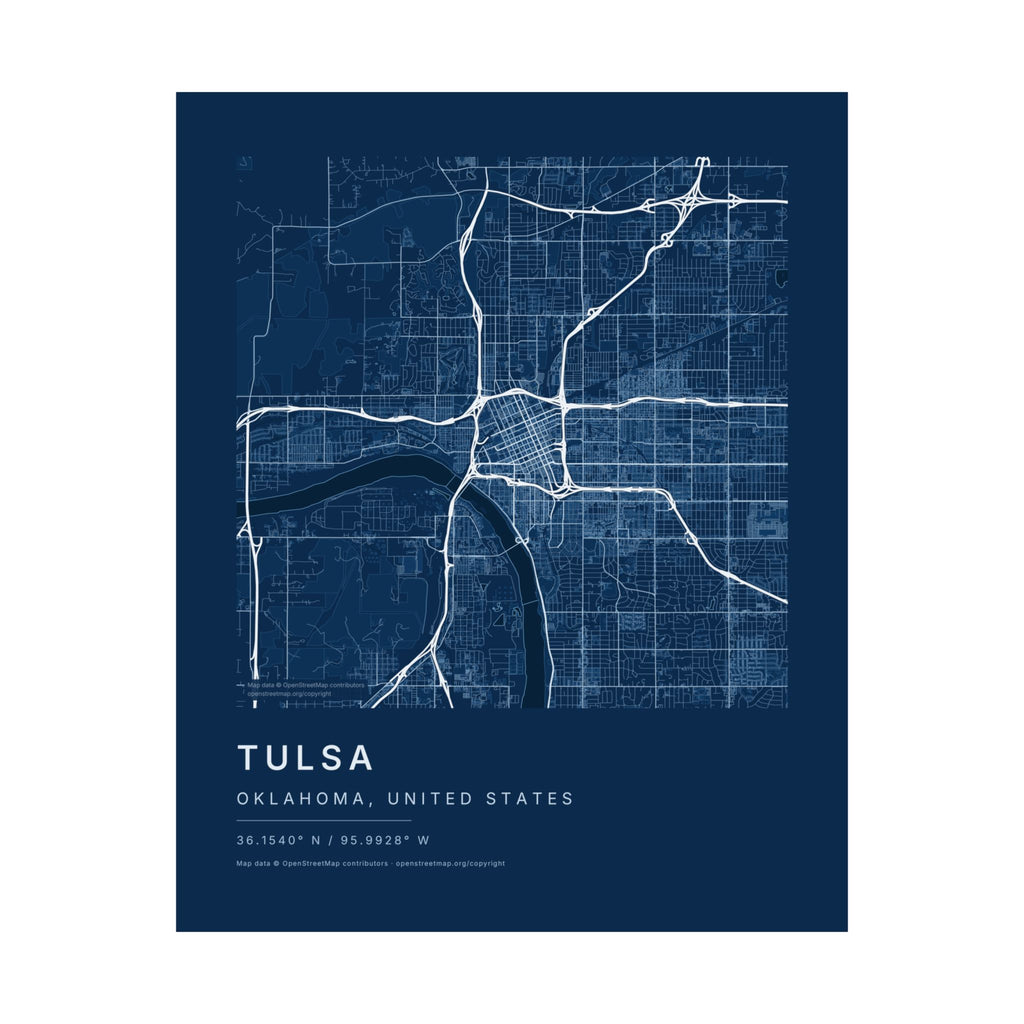 Tulsa, Oklahoma City Map Print — Blueprint Navy Street Map Wall Art