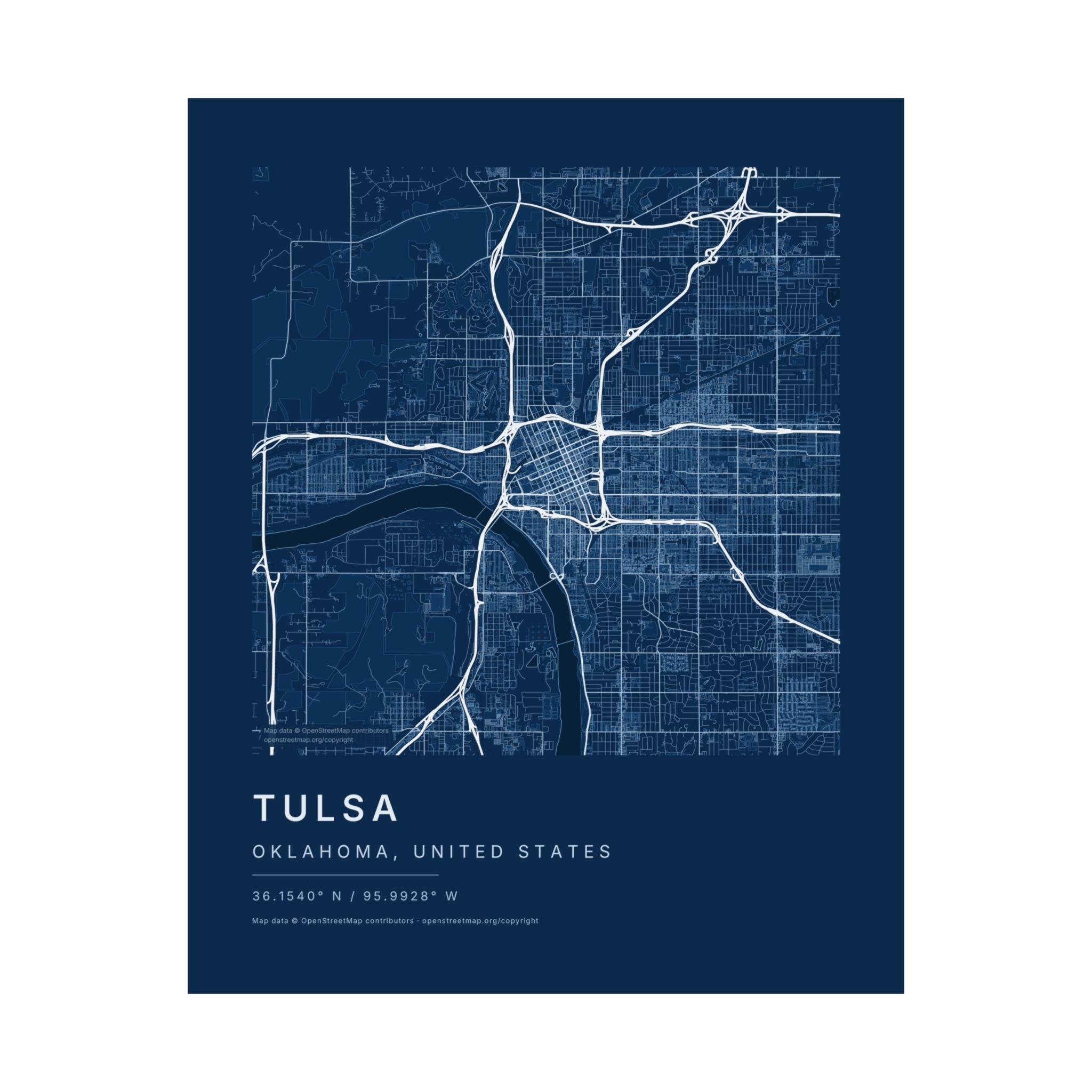 Tulsa, Oklahoma City Map Print — Blueprint Navy Street Map Wall Art