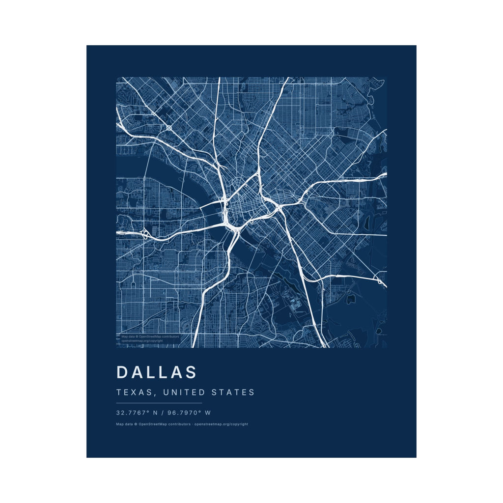 Dallas, Texas City Map Print — Blueprint Navy Street Map Wall Art
