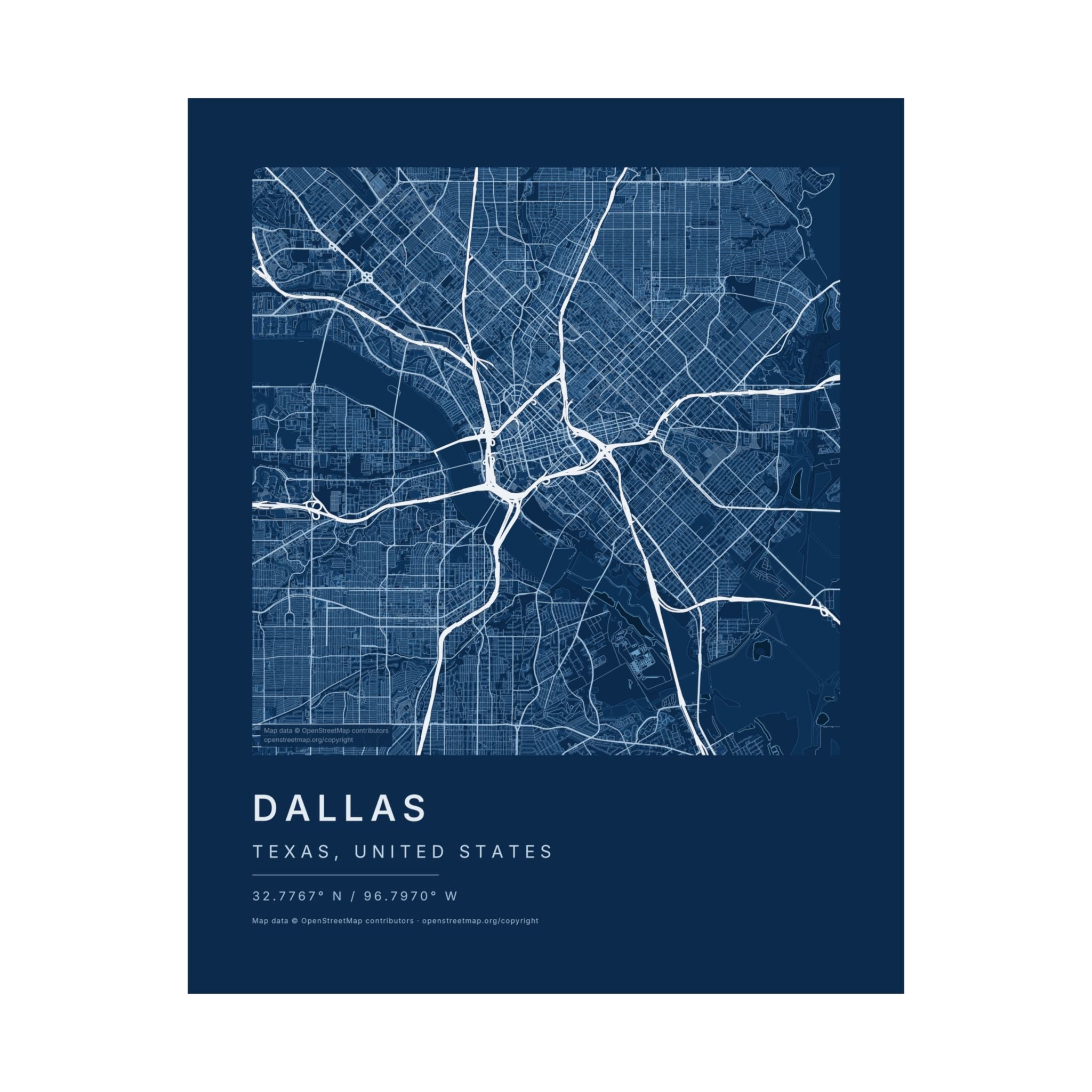 Dallas, Texas City Map Print — Blueprint Navy Street Map Wall Art