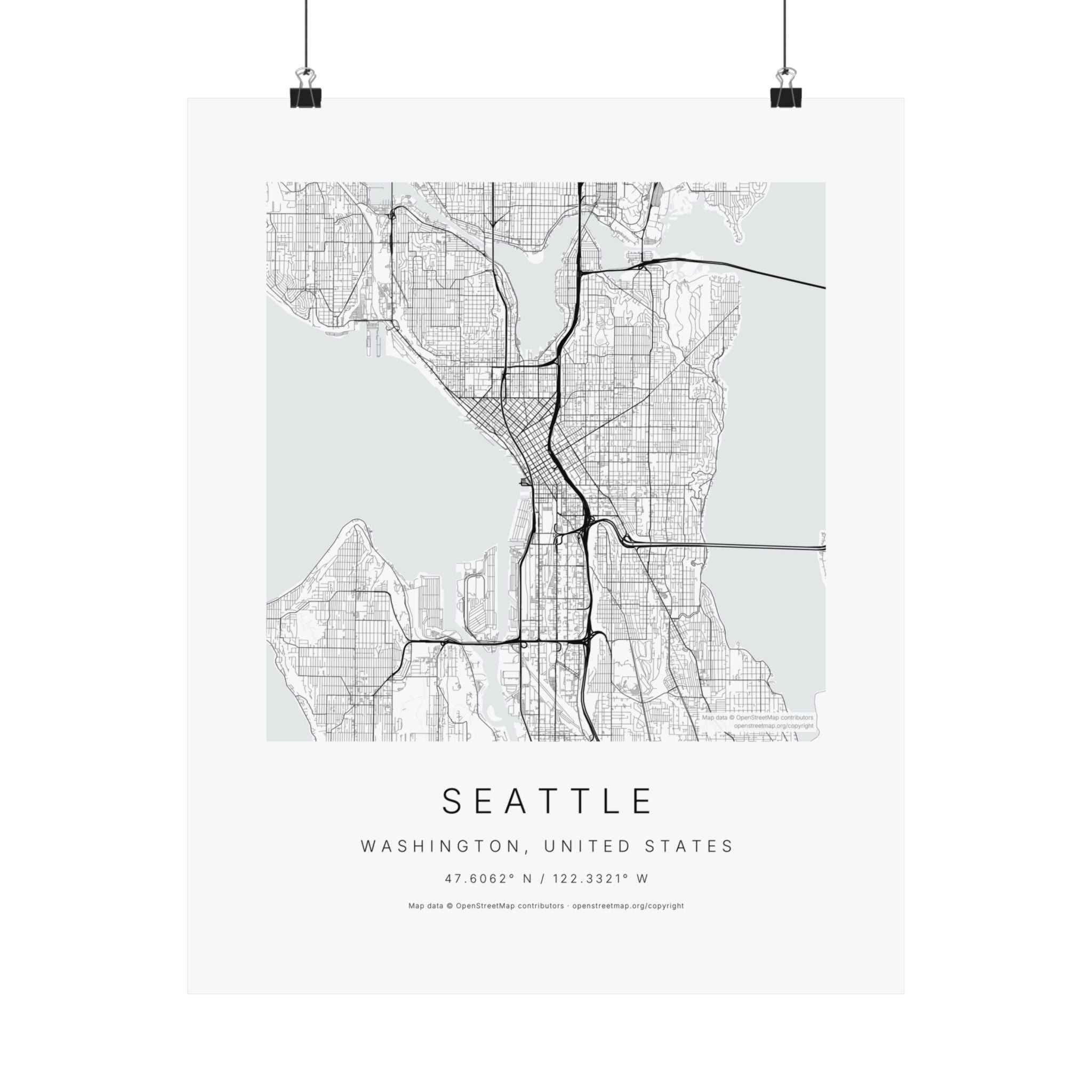 Seattle, Washington City Map Print — Minimalist Street Map Wall Art