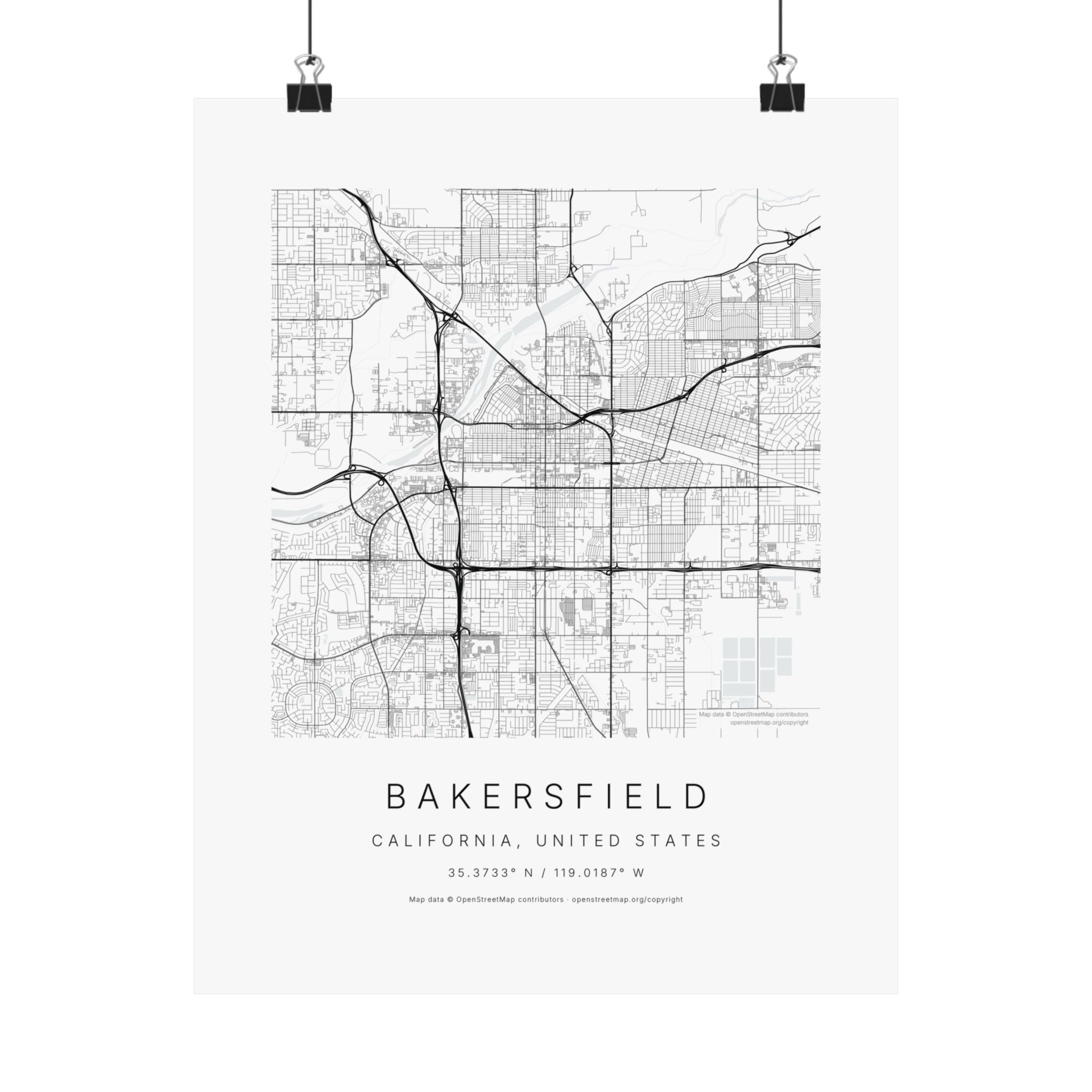 Bakersfield, California City Map Print — Minimalist Street Map Wall Art