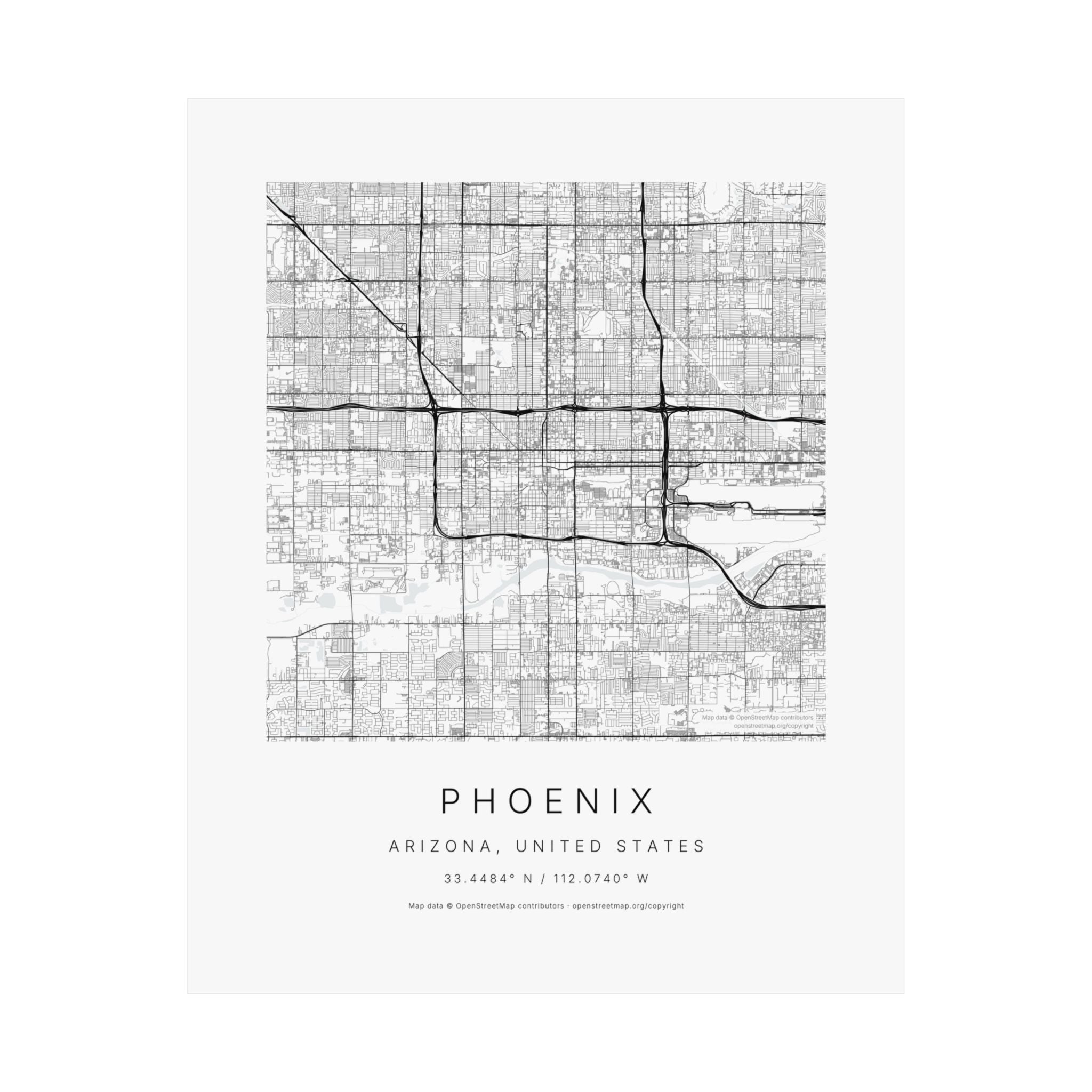 Phoenix, Arizona City Map Print — Minimalist Street Map Wall Art