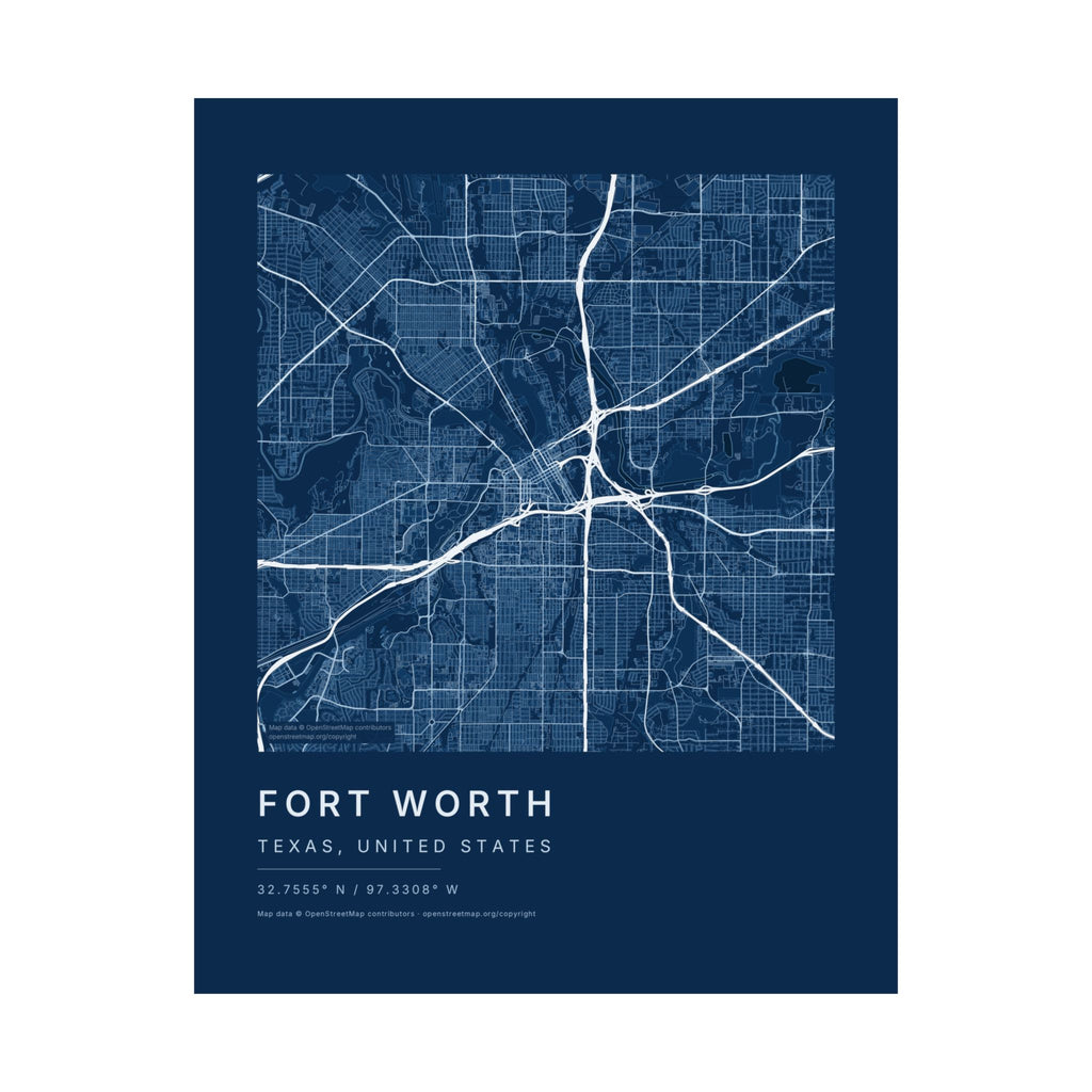 Fort Worth, Texas City Map Print — Blueprint Navy Street Map Wall Art
