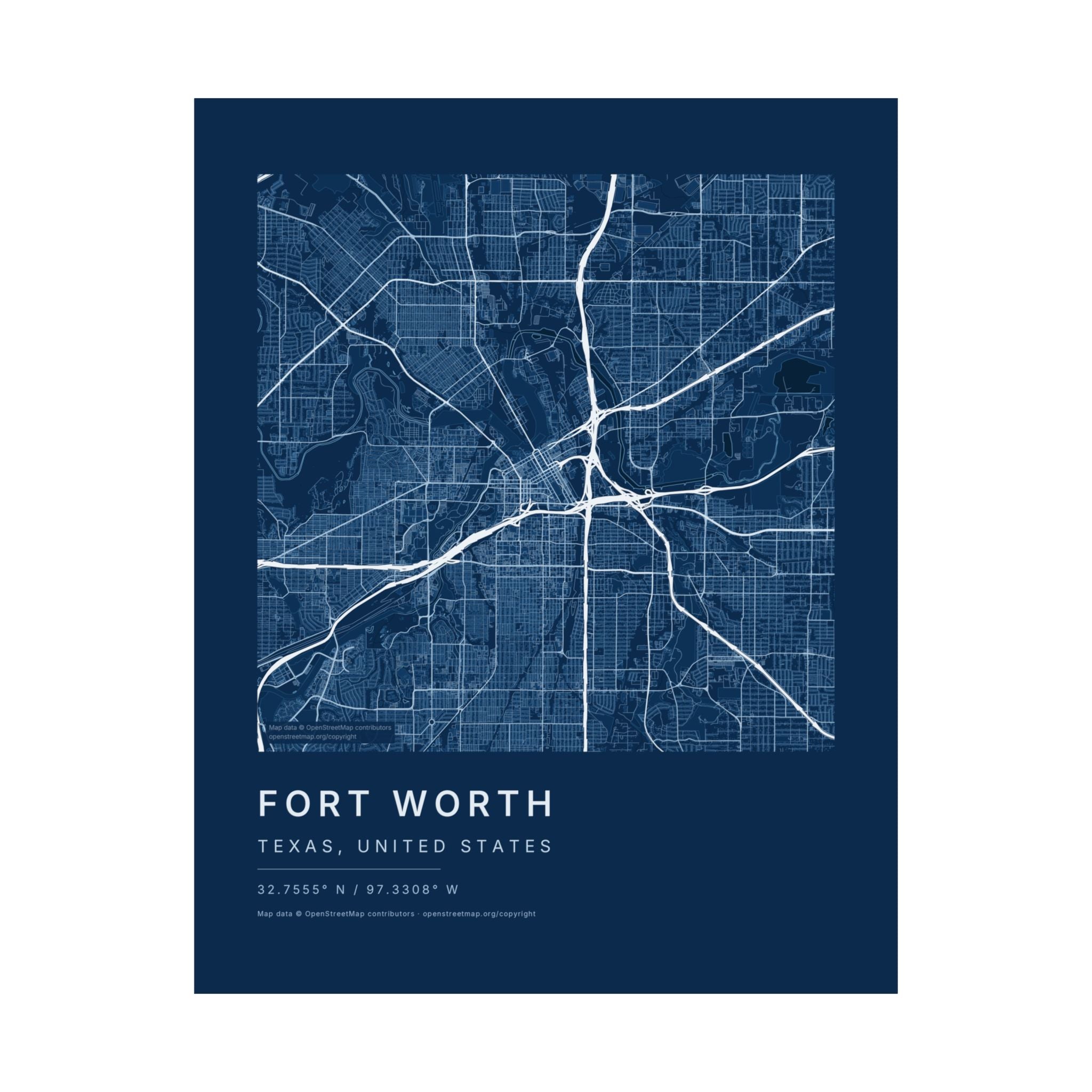 Fort Worth, Texas City Map Print — Blueprint Navy Street Map Wall Art