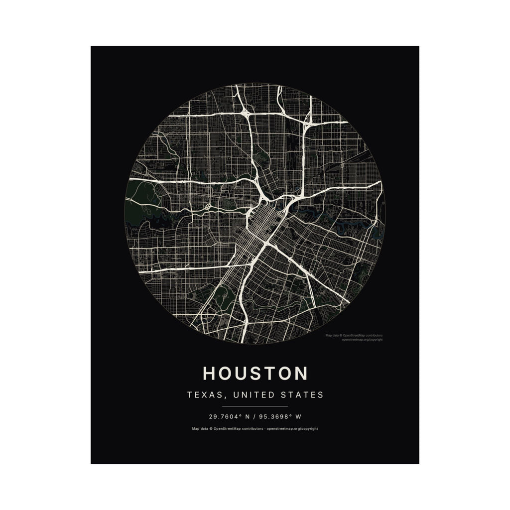 Houston, Texas City Map Print — Noir Black Street Map Wall Art