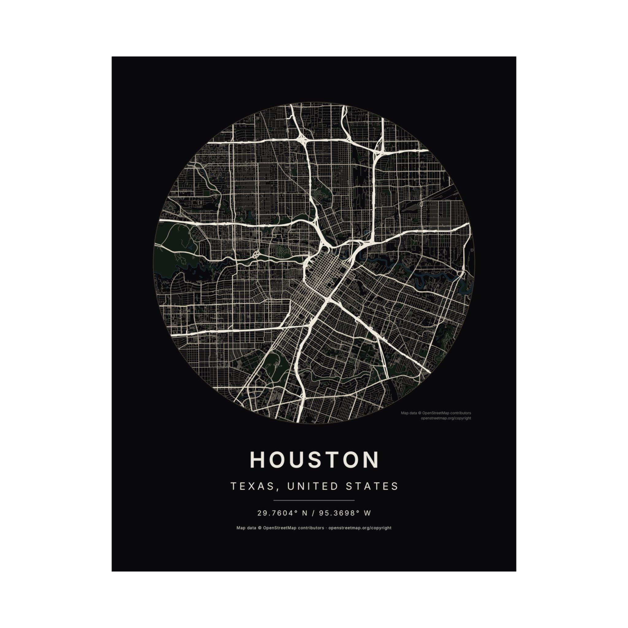 Houston, Texas City Map Print — Noir Black Street Map Wall Art