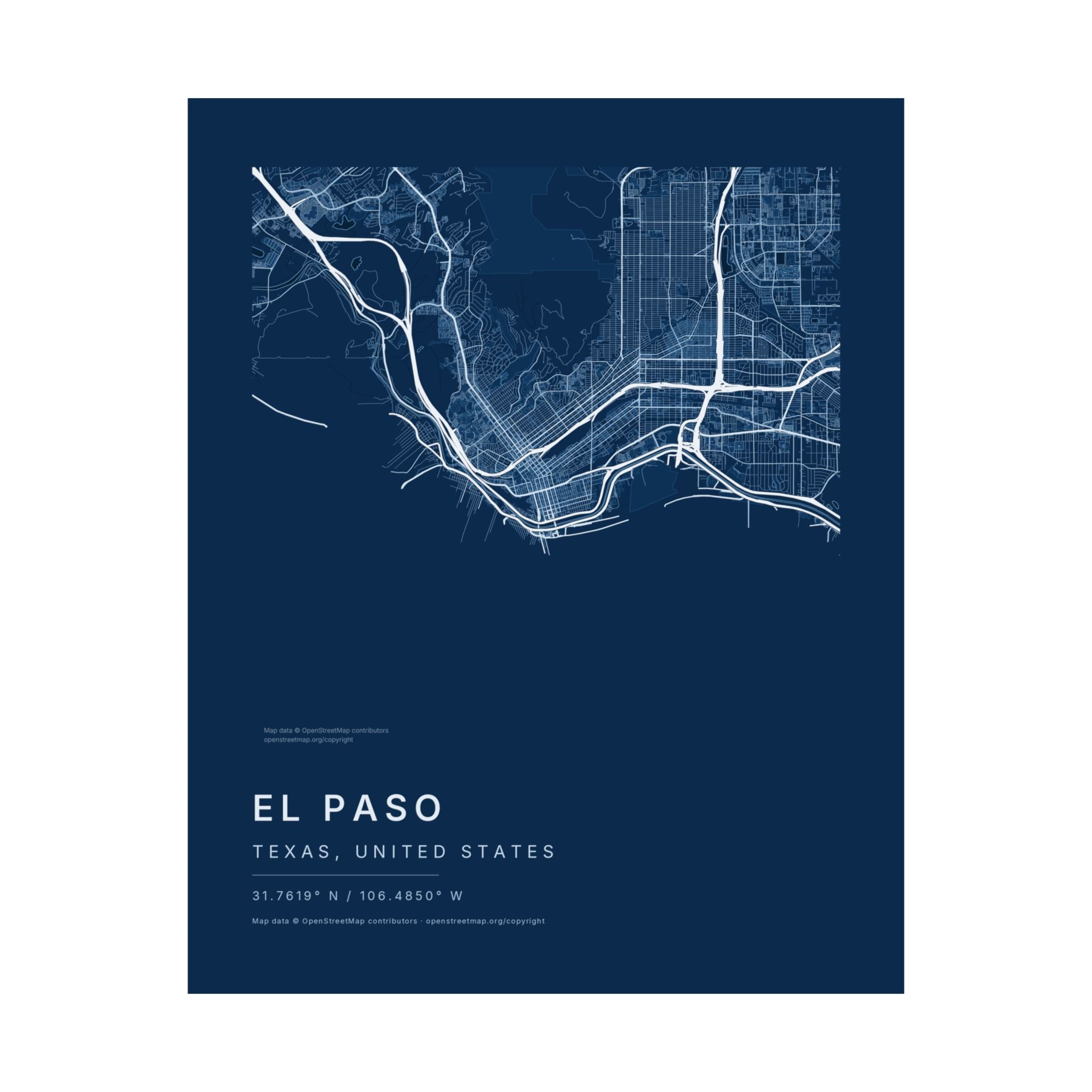 El Paso, Texas City Map Print — Blueprint Navy Street Map Wall Art