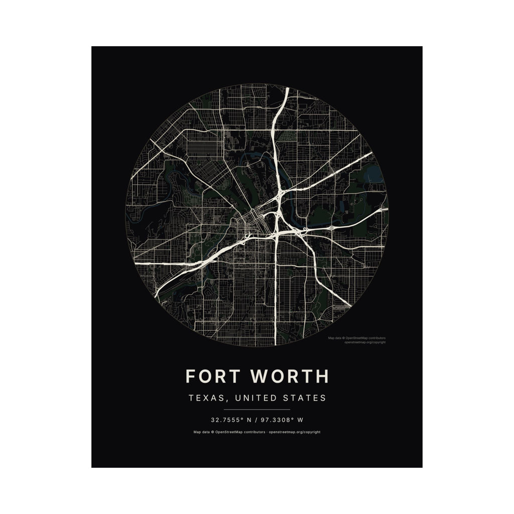 Fort Worth, Texas City Map Print — Noir Black Street Map Wall Art