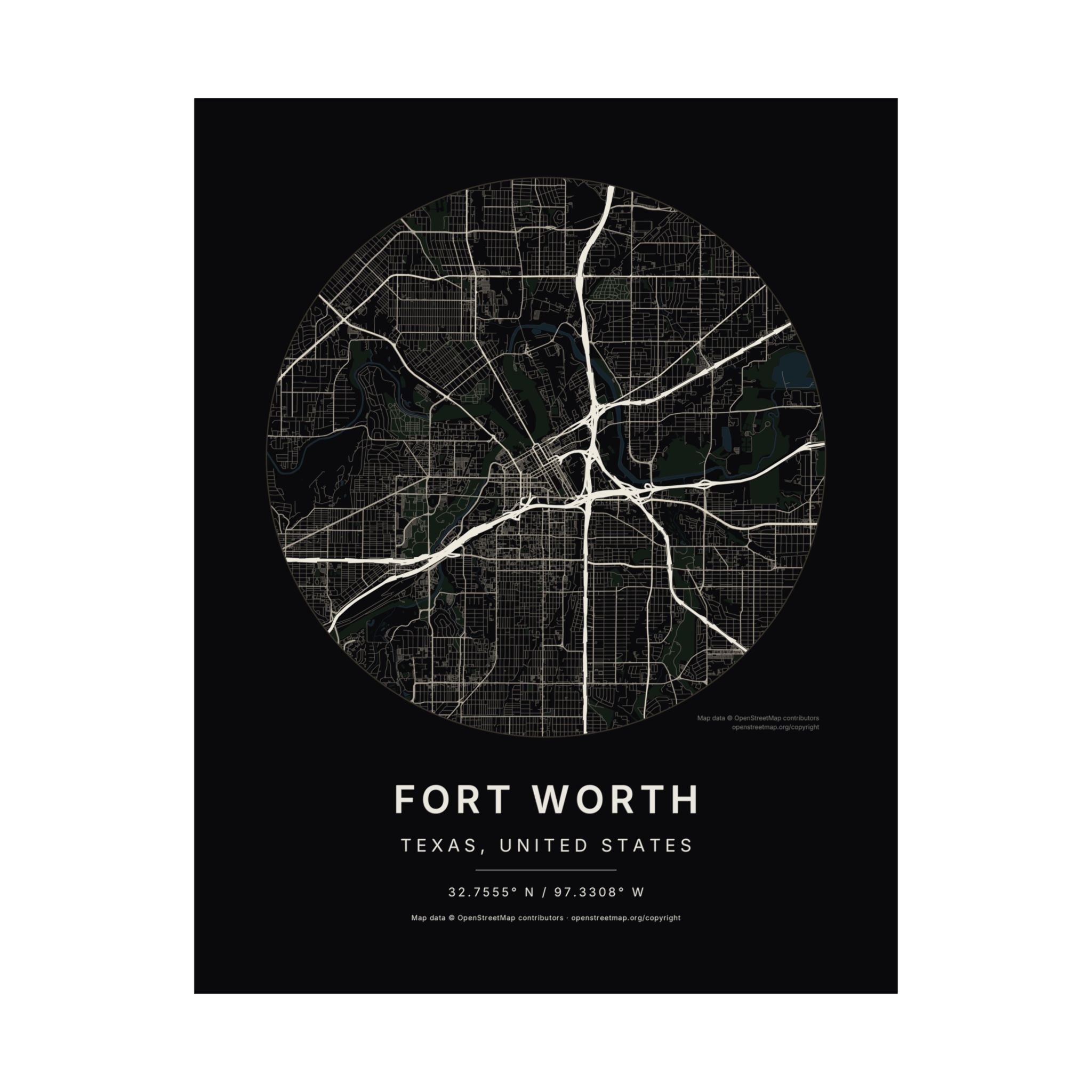 Fort Worth, Texas City Map Print — Noir Black Street Map Wall Art