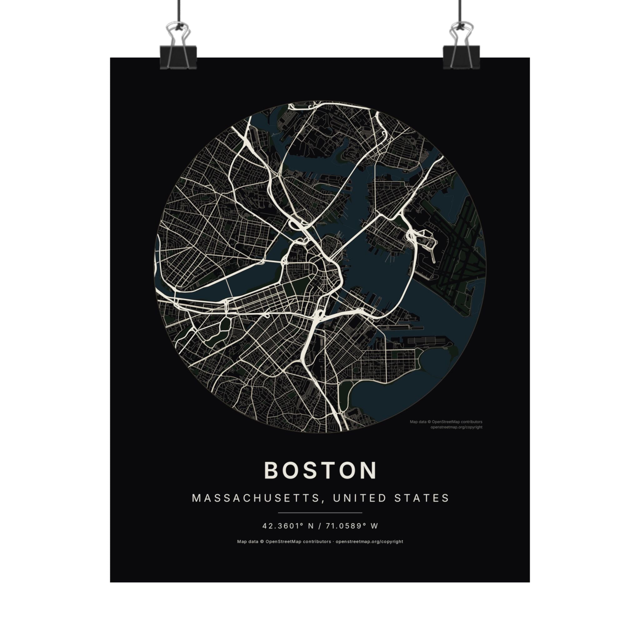 Boston, Massachusetts City Map Print — Noir Black Street Map Wall Art