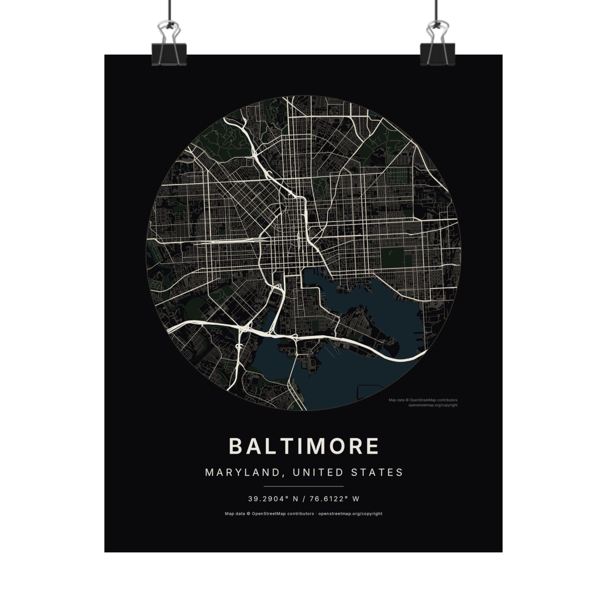 Baltimore, Maryland City Map Print — Noir Black Street Map Wall Art