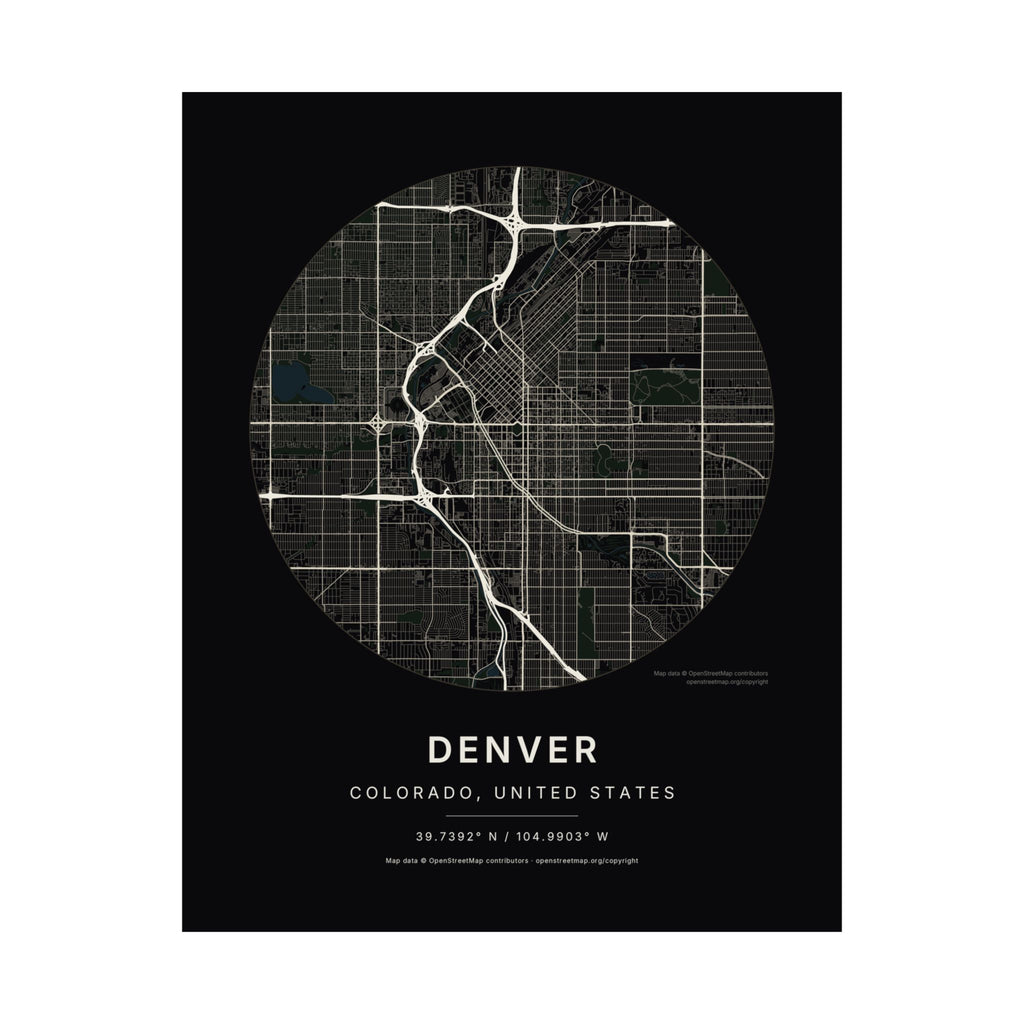Denver, Colorado City Map Print — Noir Black Street Map Wall Art