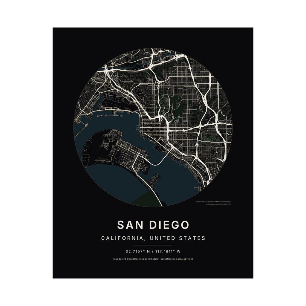 San Diego, California City Map Print — Noir Black Street Map Wall Art