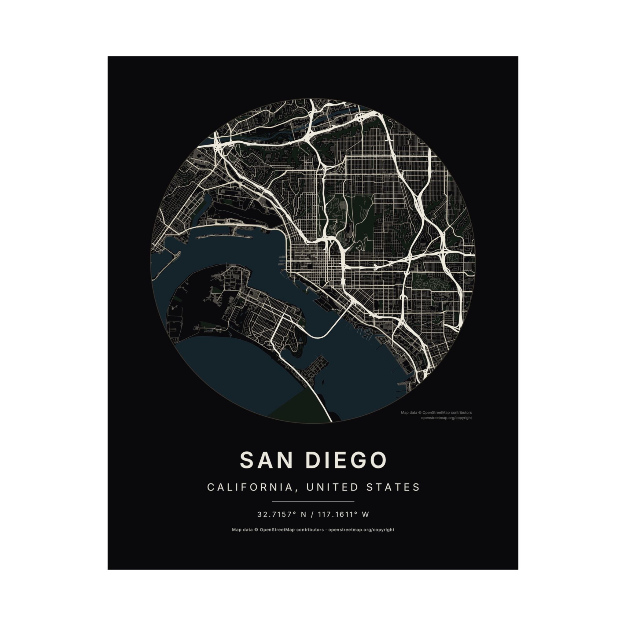 San Diego, California City Map Print — Noir Black Street Map Wall Art